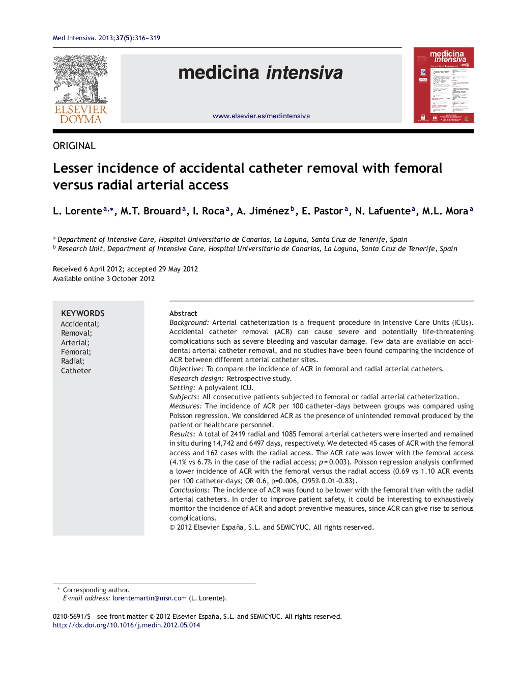 Lesser incidence of accidental catheter removal with femoral versus radial arterial access