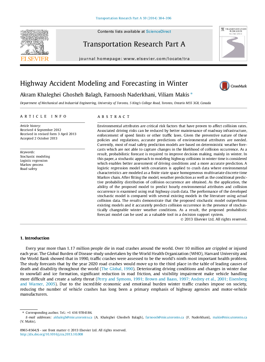 Highway Accident Modeling and Forecasting in Winter