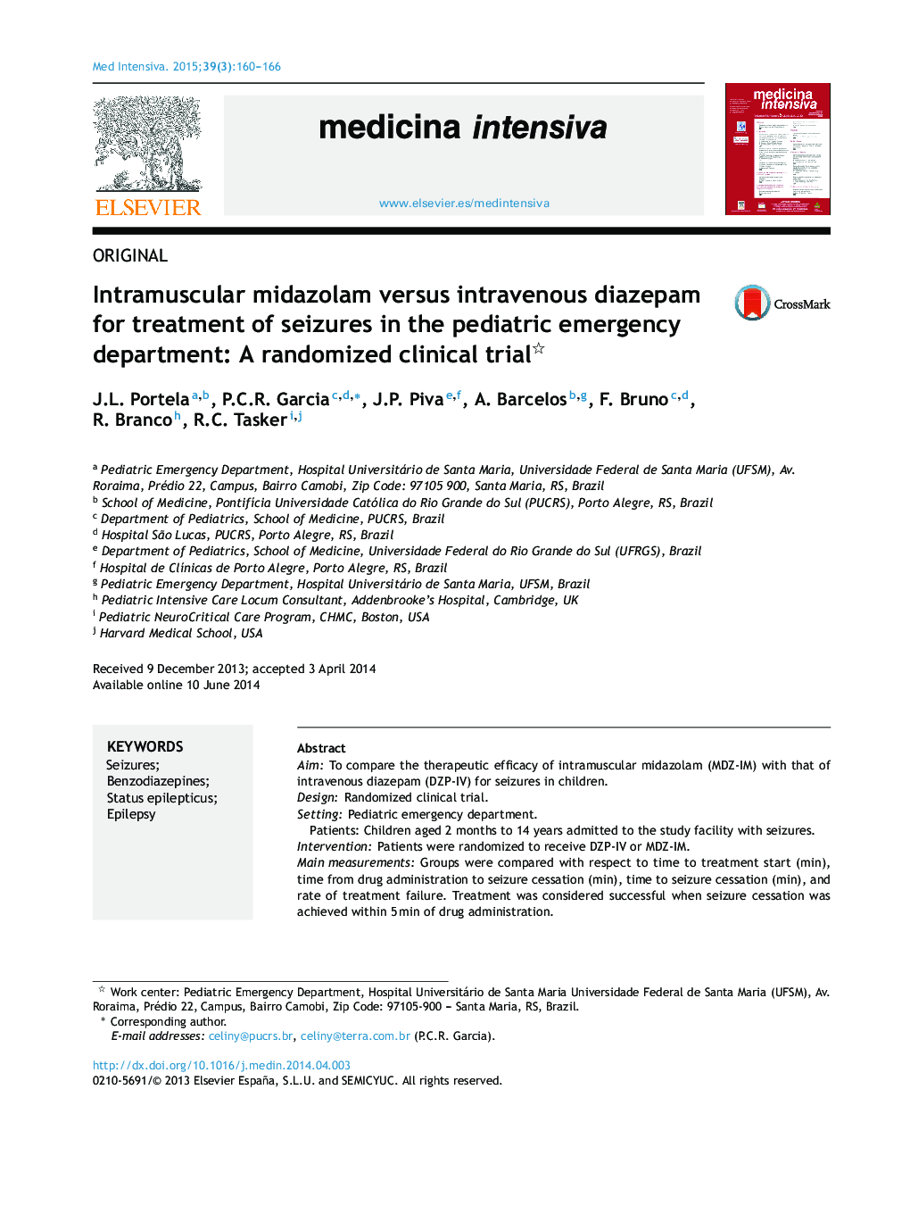 Intramuscular midazolam versus intravenous diazepam for treatment of seizures in the pediatric emergency department: A randomized clinical trial 