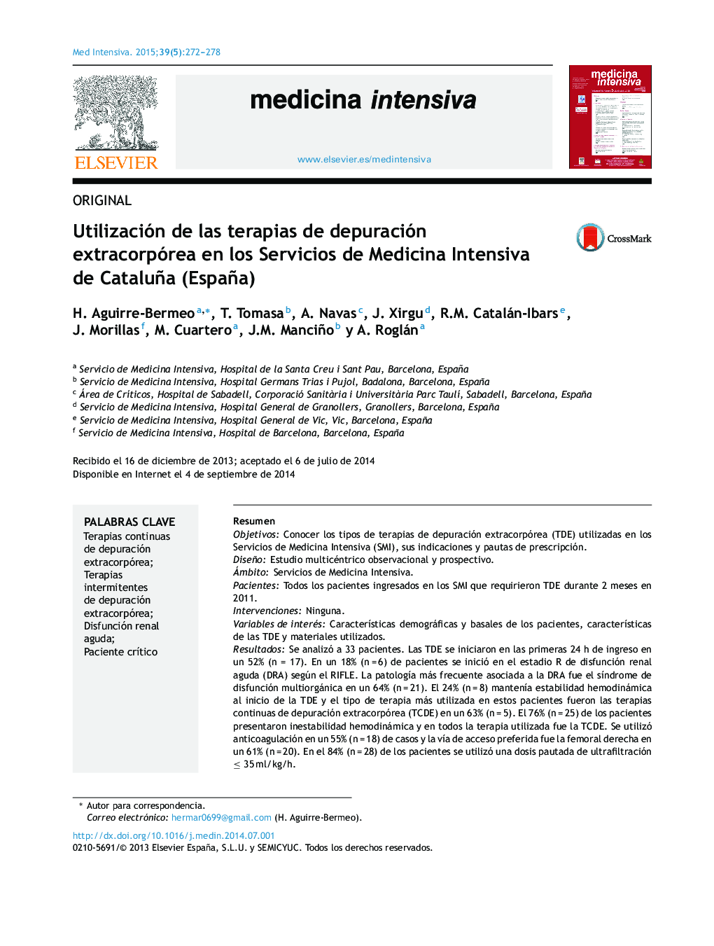 Utilización de las terapias de depuración extracorpórea en los Servicios de Medicina Intensiva de Cataluña (España)