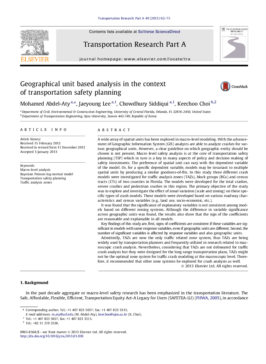 Geographical unit based analysis in the context of transportation safety planning