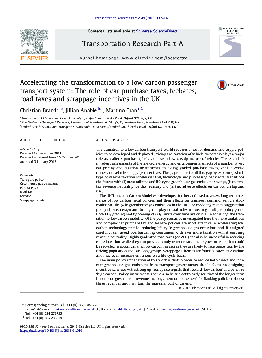 Accelerating the transformation to a low carbon passenger transport system: The role of car purchase taxes, feebates, road taxes and scrappage incentives in the UK