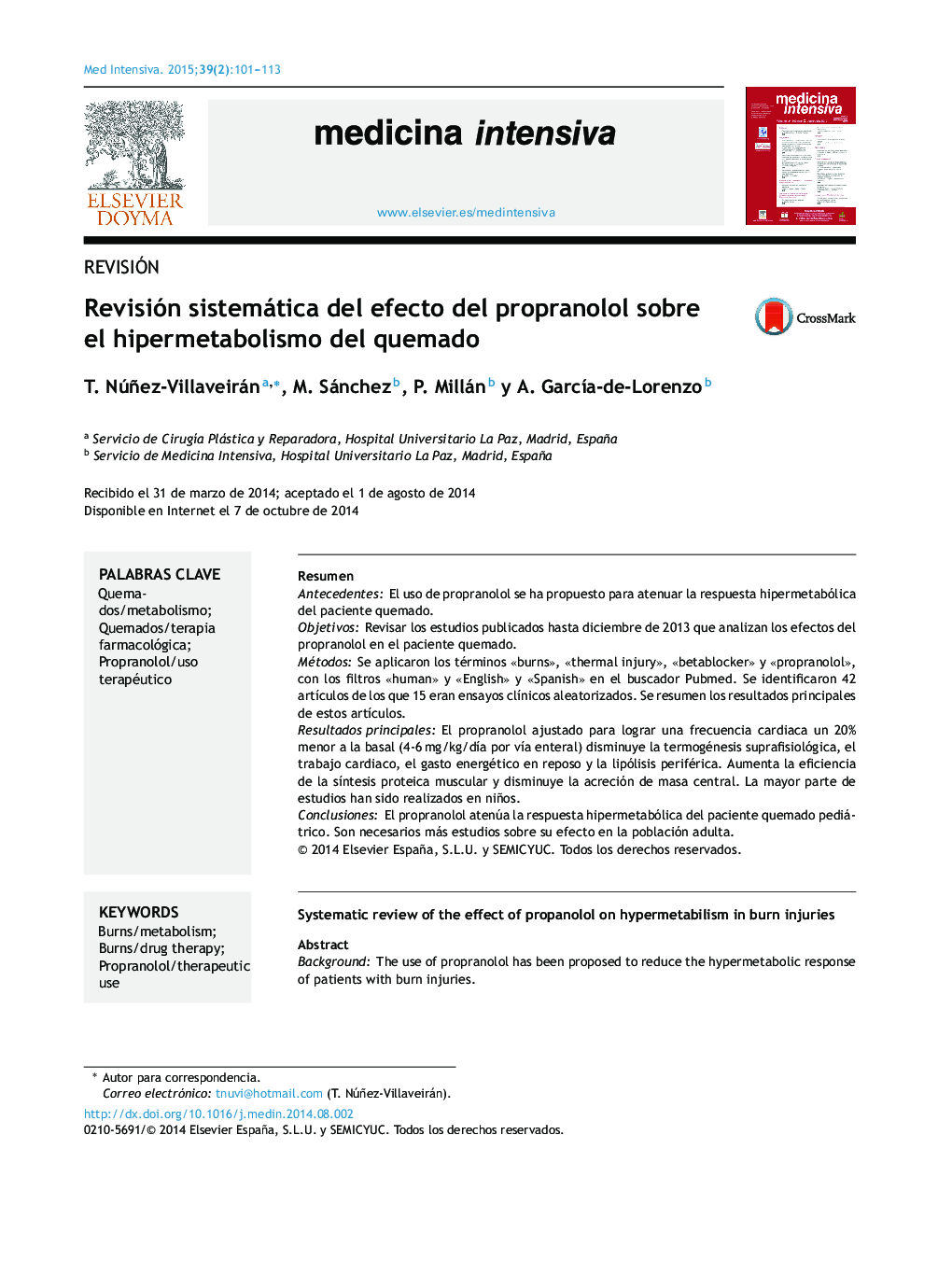 Revisión sistemática del efecto del propranolol sobre el hipermetabolismo del quemado