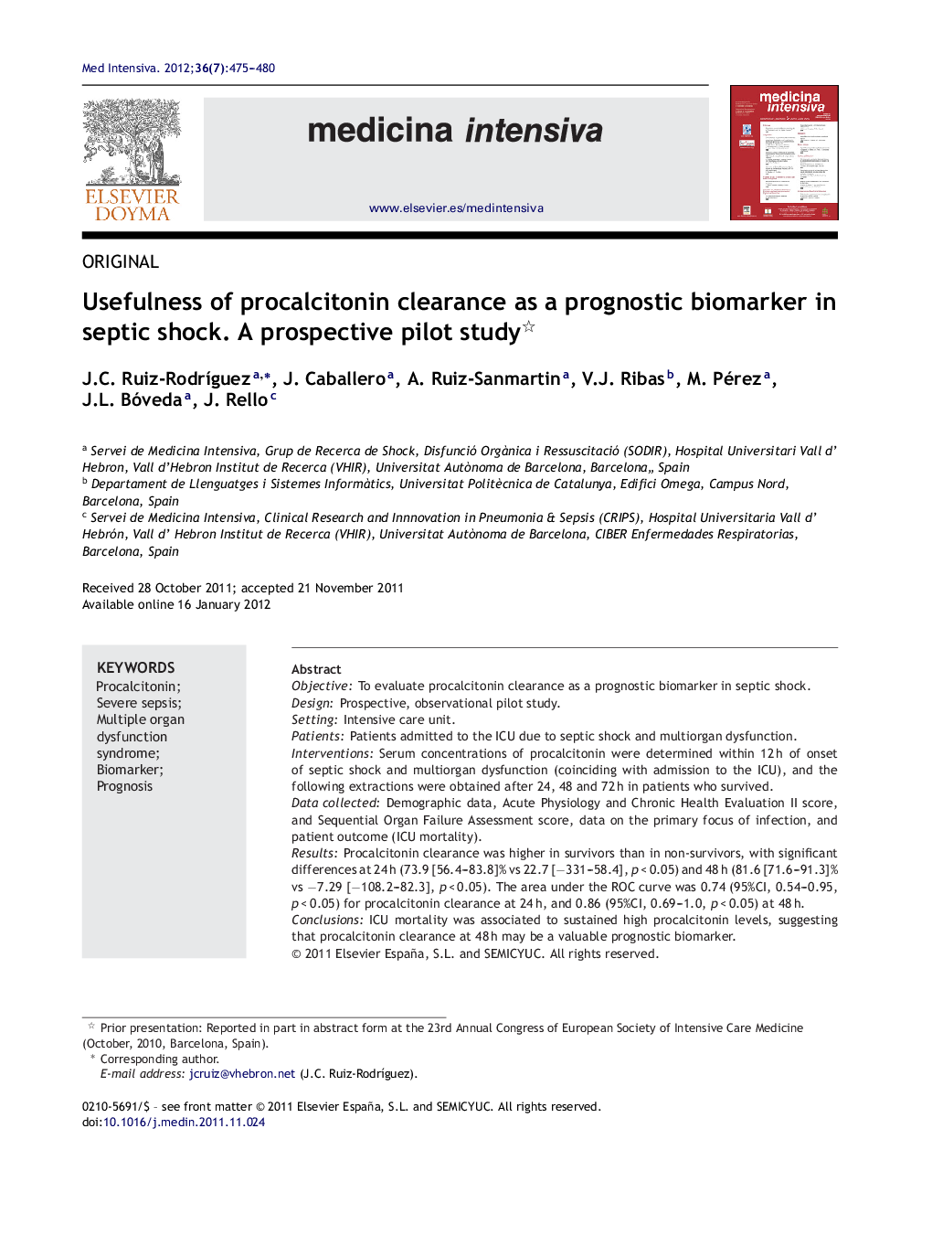 Usefulness of procalcitonin clearance as a prognostic biomarker in septic shock. A prospective pilot study