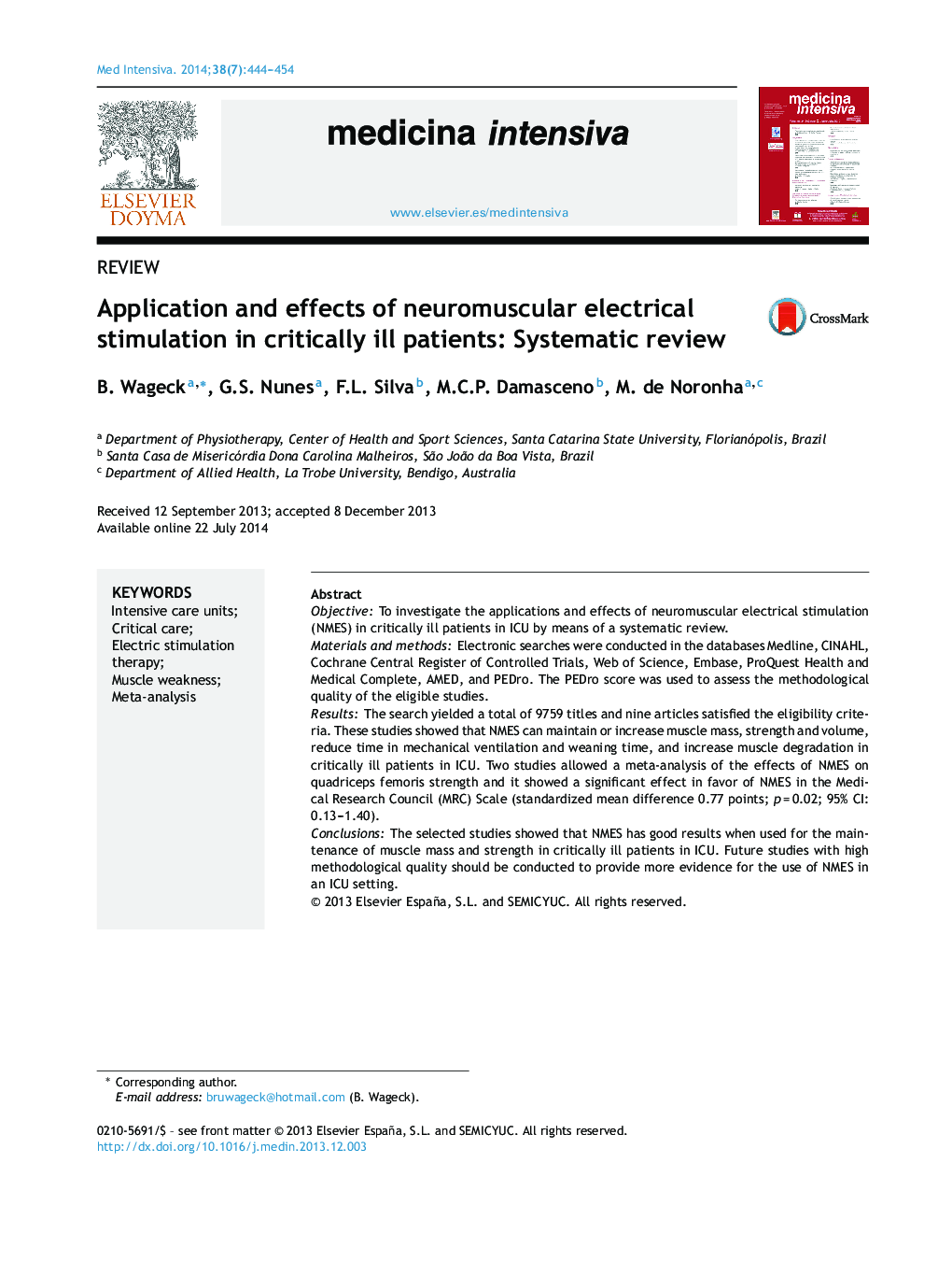 Application and effects of neuromuscular electrical stimulation in critically ill patients: Systematic review