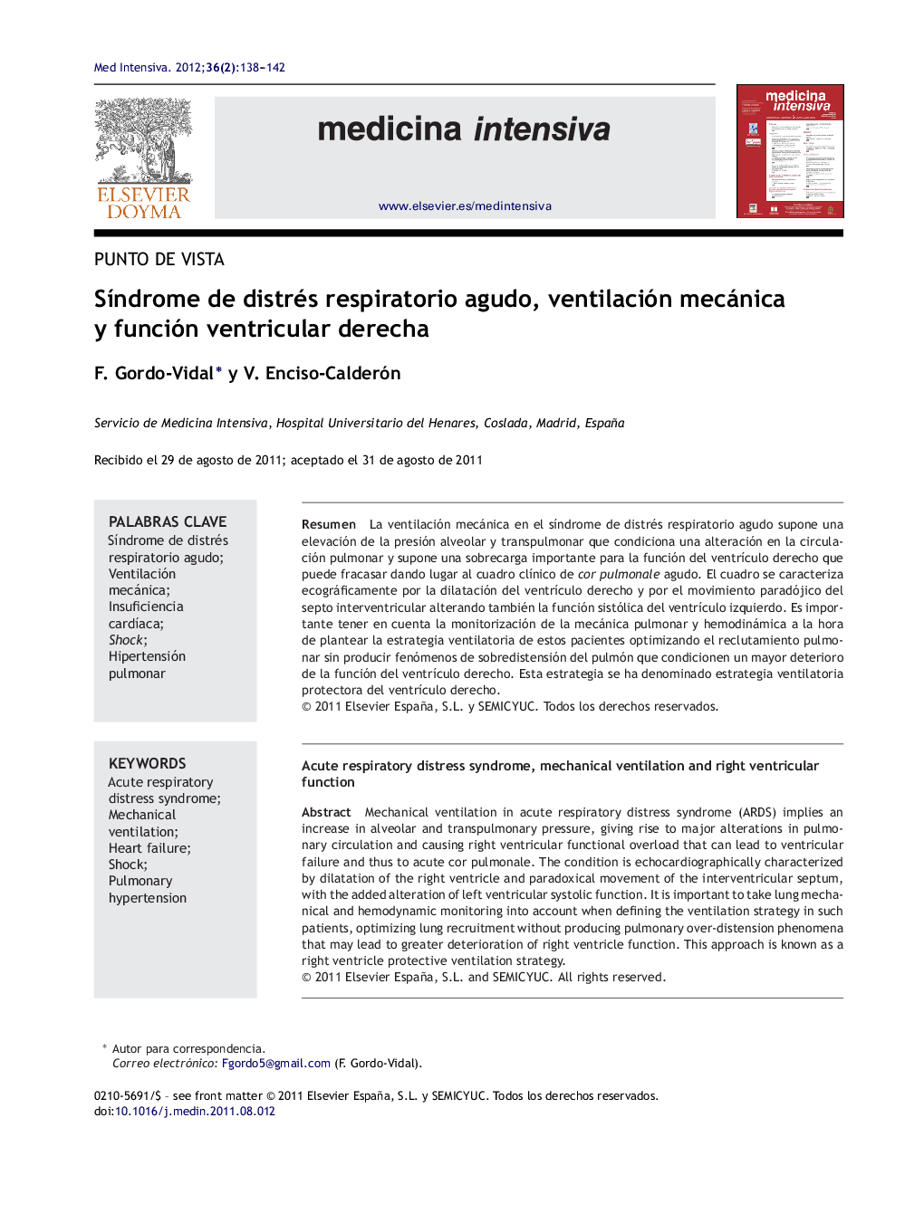 Síndrome de distrés respiratorio agudo, ventilación mecánica y función ventricular derecha