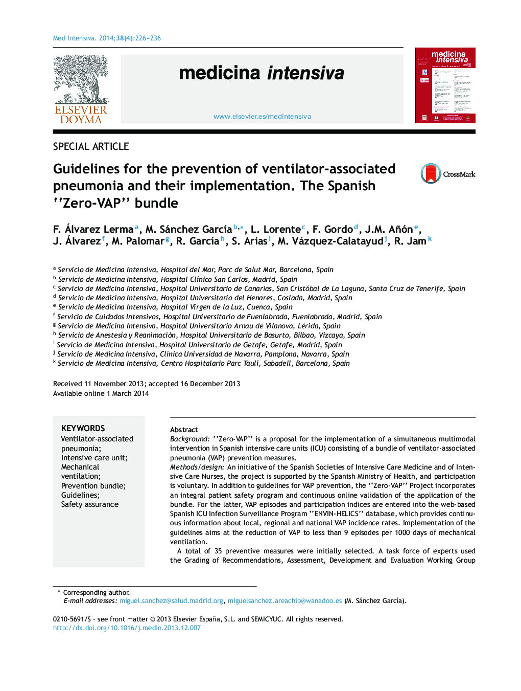 Guidelines for the prevention of ventilator-associated pneumonia and their implementation. The Spanish “Zero-VAP” bundle