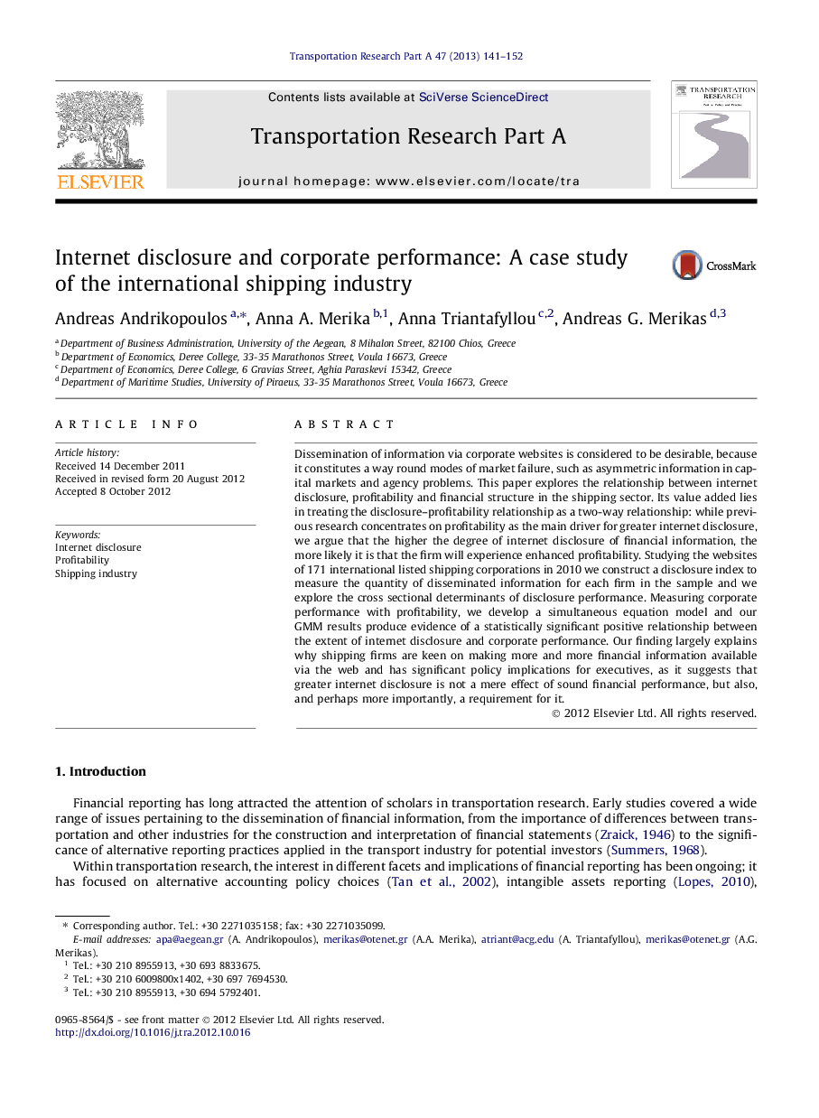 Internet disclosure and corporate performance: A case study of the international shipping industry