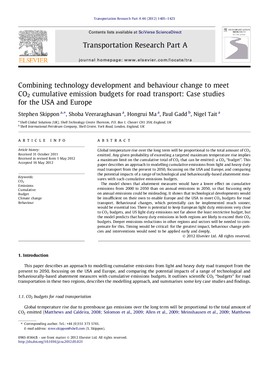 Combining technology development and behaviour change to meet CO2 cumulative emission budgets for road transport: Case studies for the USA and Europe