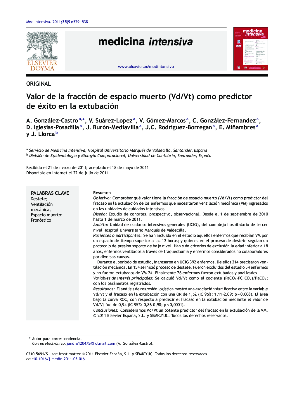 Valor de la fracción de espacio muerto (Vd/Vt) como predictor de éxito en la extubación