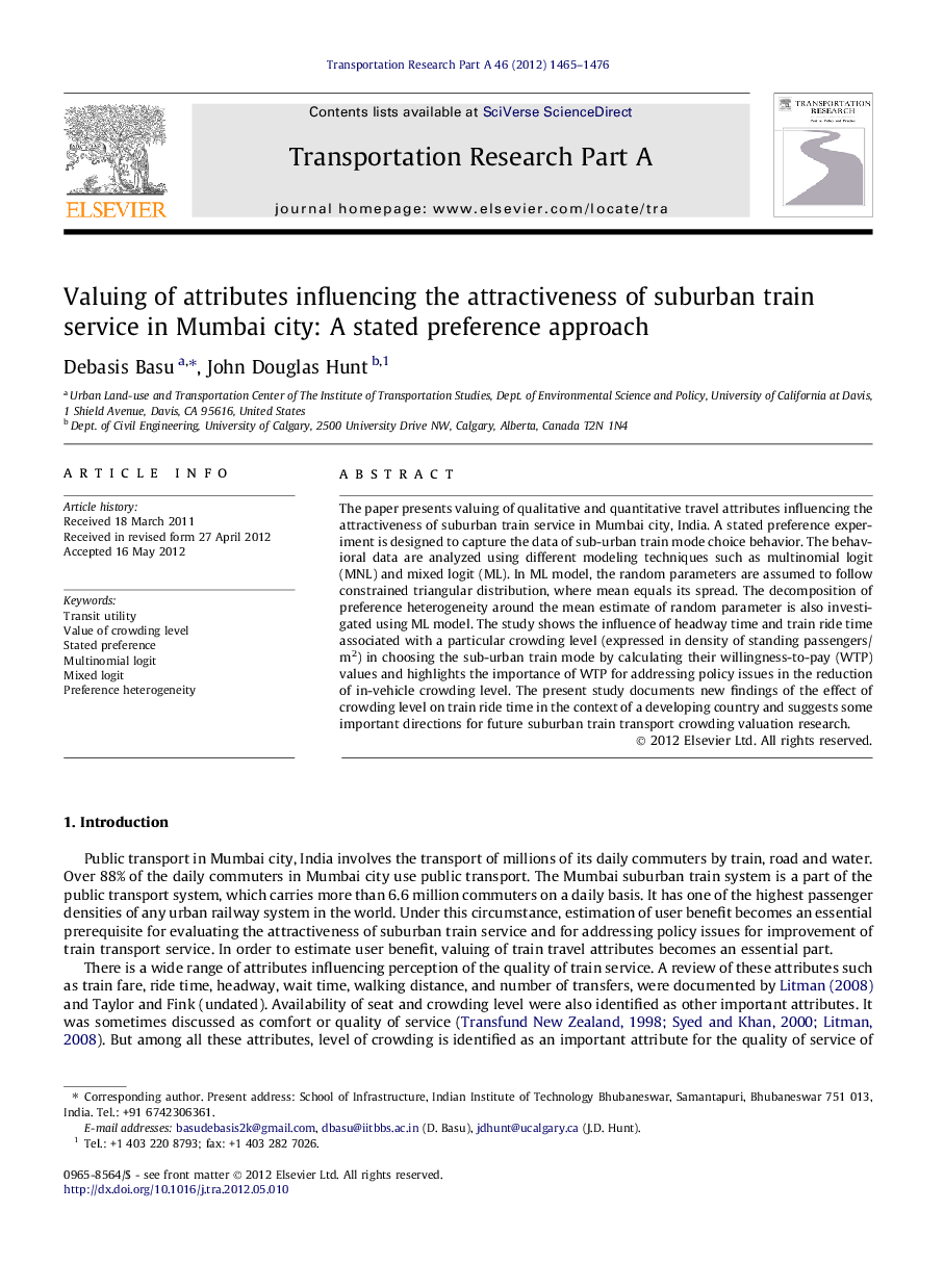 Valuing of attributes influencing the attractiveness of suburban train service in Mumbai city: A stated preference approach