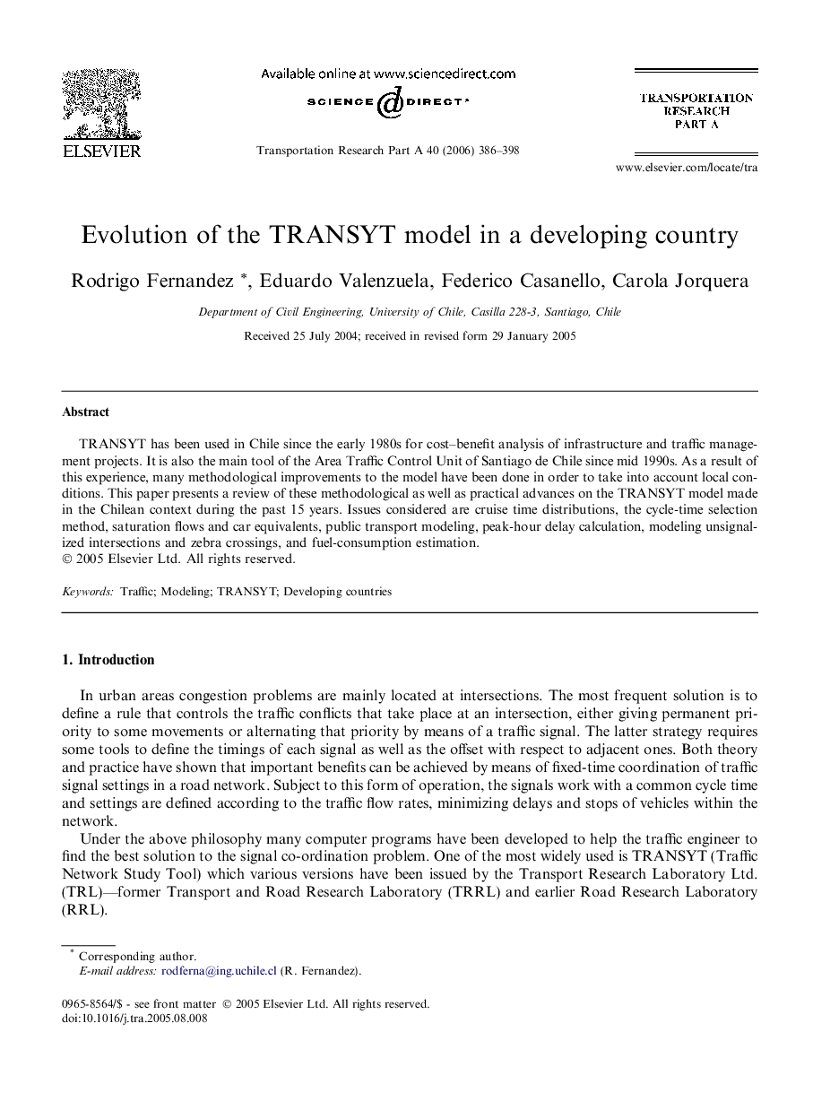 Evolution of the TRANSYT model in a developing country
