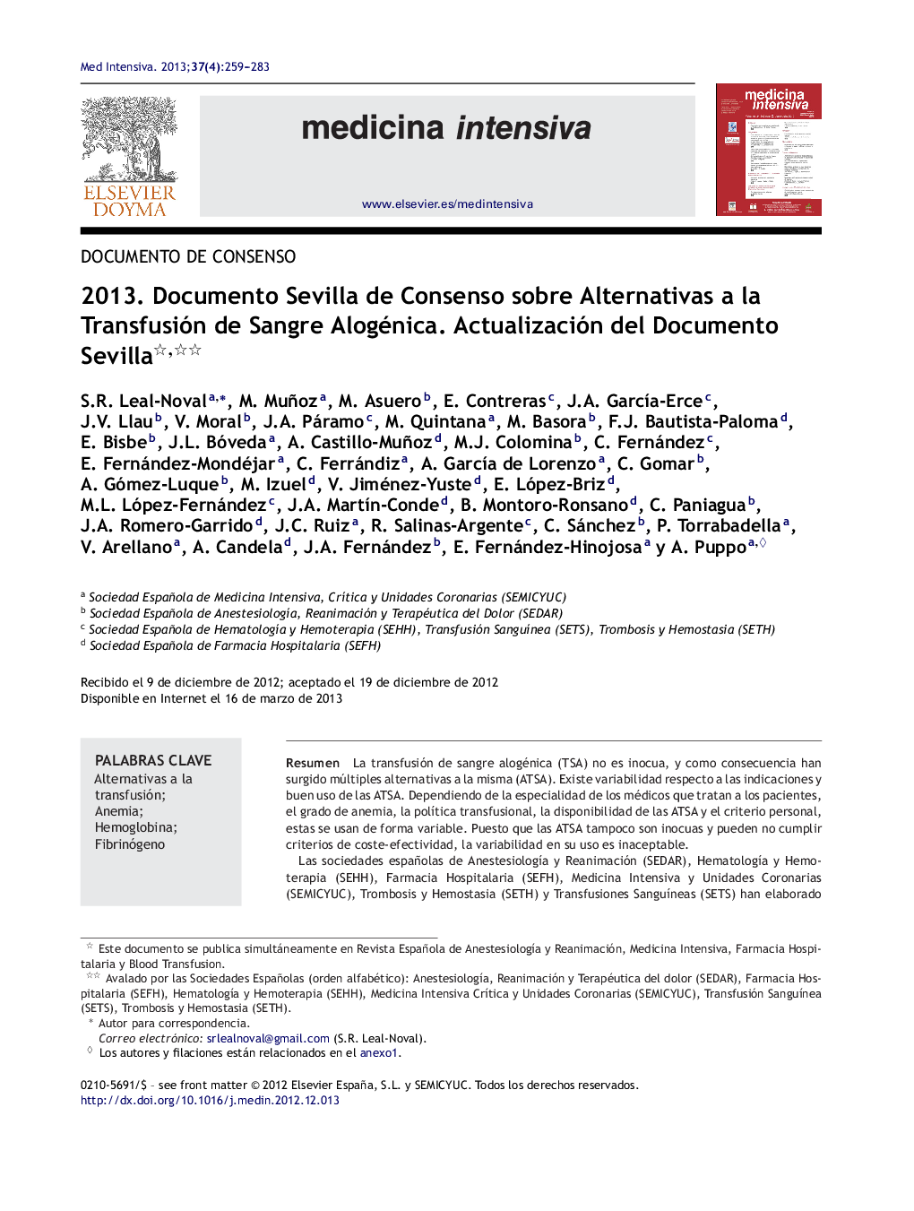 2013. Documento Sevilla de Consenso sobre Alternativas a la Transfusión de Sangre Alogénica. Actualización del Documento Sevilla