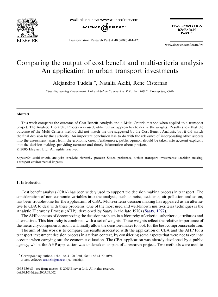 Comparing the output of cost benefit and multi-criteria analysis: An application to urban transport investments