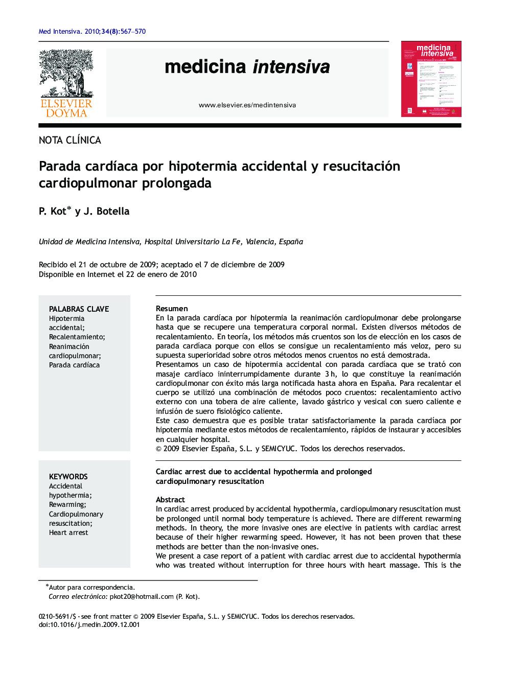 Parada cardÃ­aca por hipotermia accidental y resucitación cardiopulmonar prolongada