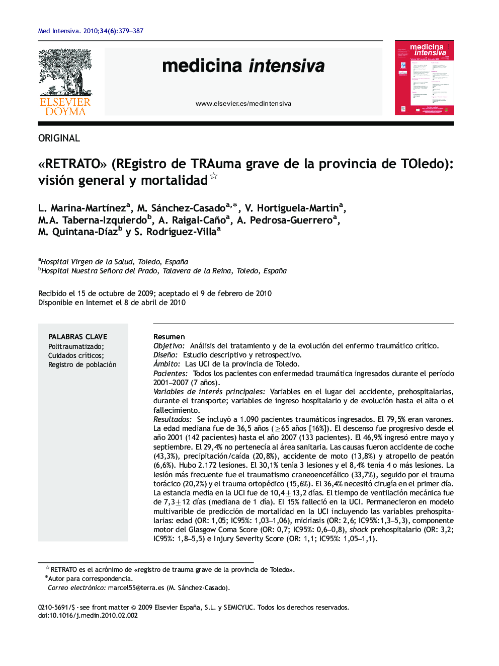 Â«RETRATOÂ» (REgistro de TRAuma grave de la provincia de TOledo): visión general y mortalidad
