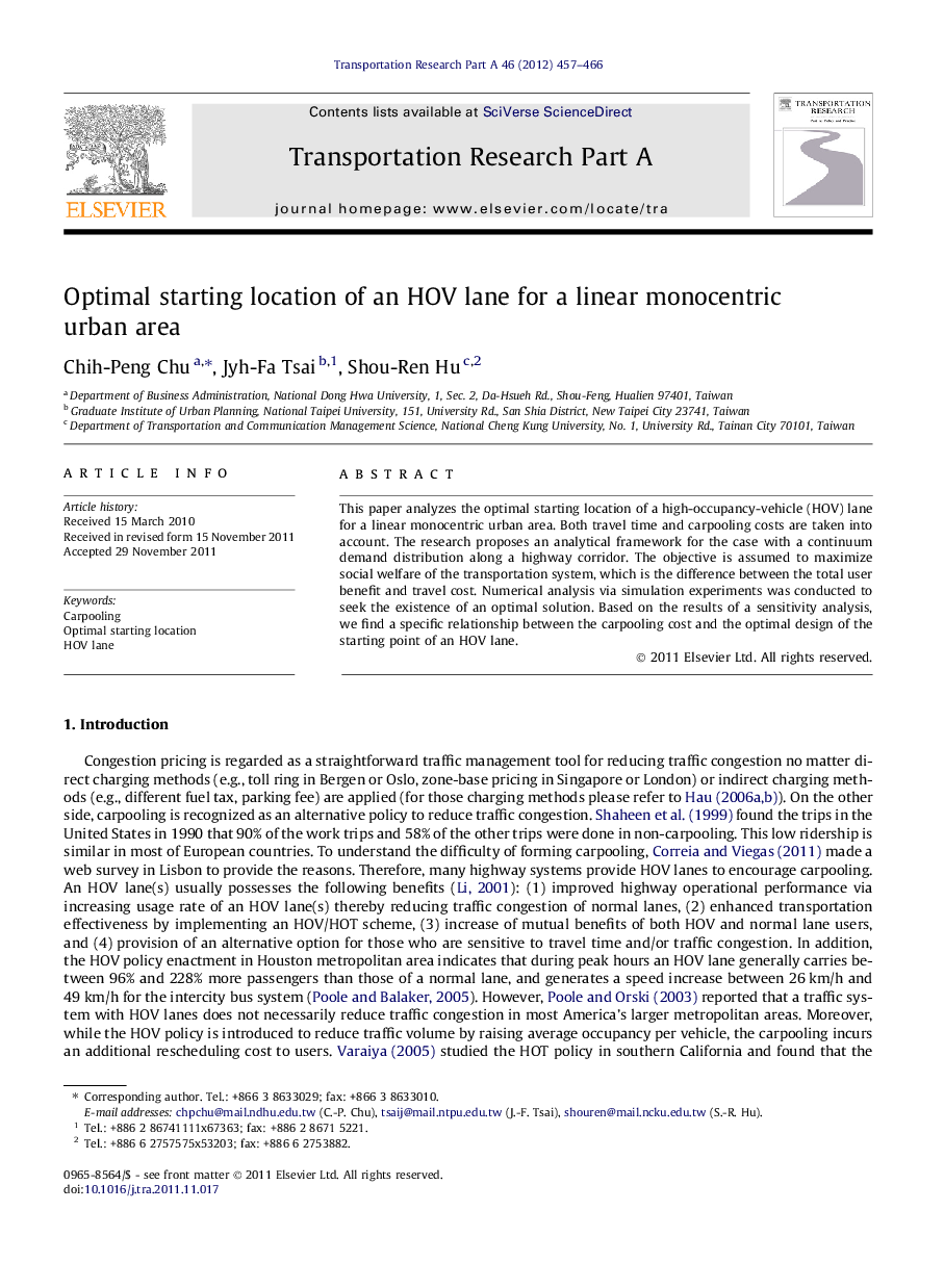 Optimal starting location of an HOV lane for a linear monocentric urban area