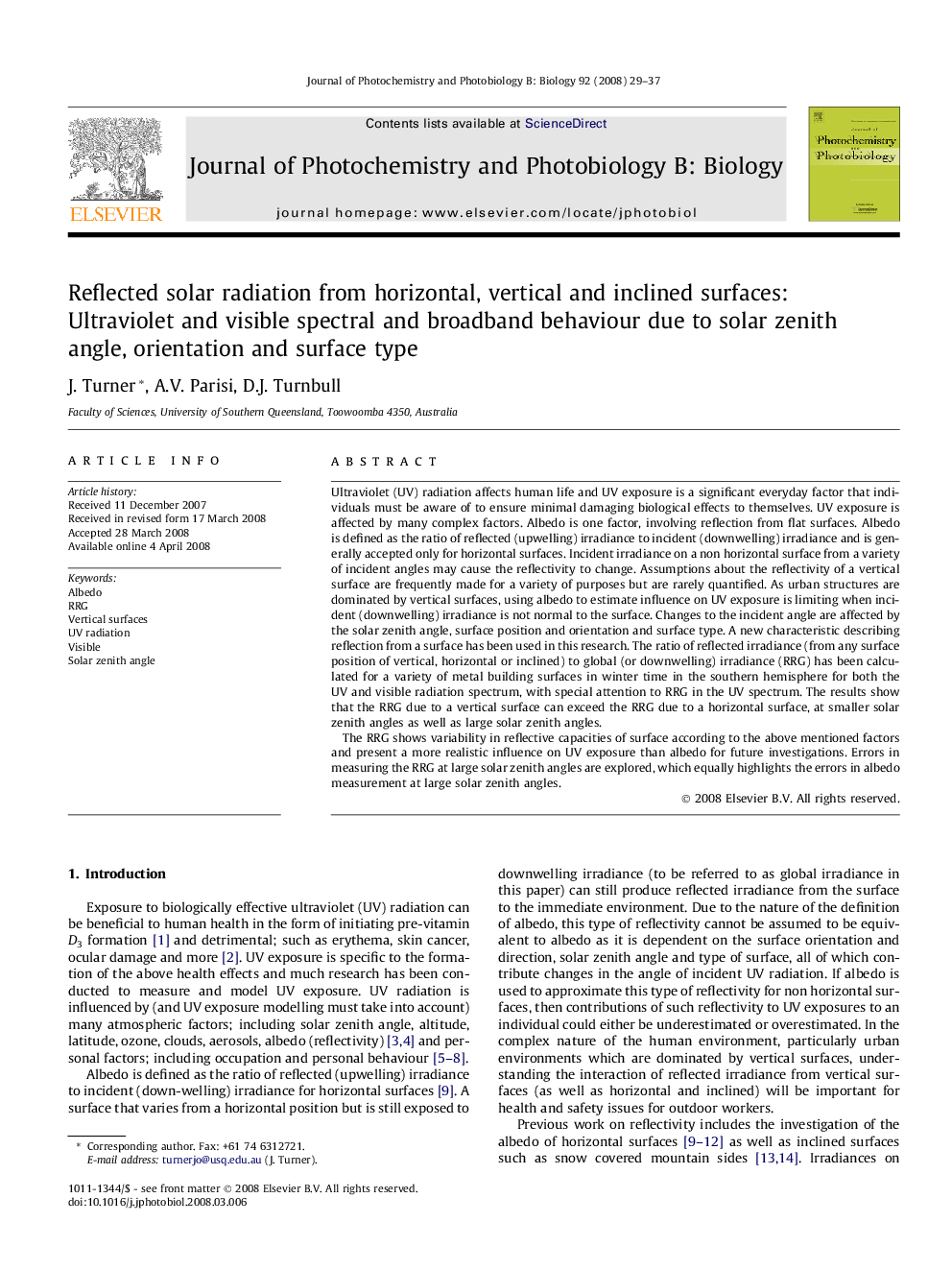 Reflected solar radiation from horizontal, vertical and inclined surfaces: Ultraviolet and visible spectral and broadband behaviour due to solar zenith angle, orientation and surface type