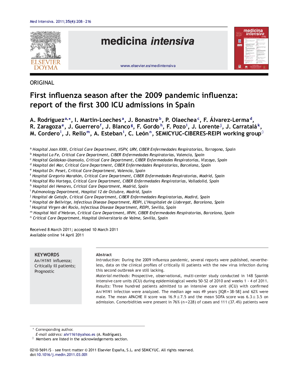 First influenza season after the 2009 pandemic influenza: report of the first 300 ICU admissions in Spain