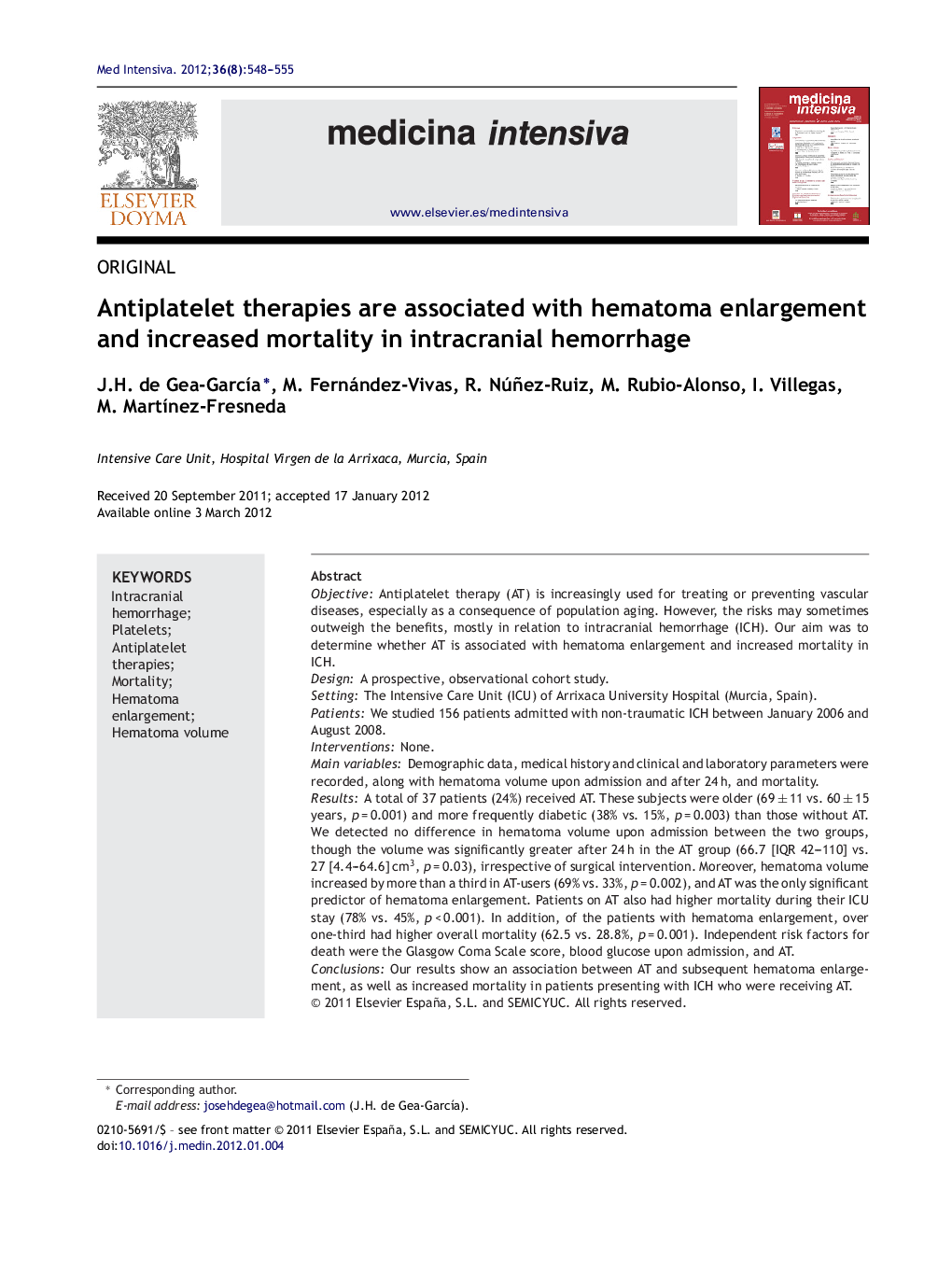 Antiplatelet therapies are associated with hematoma enlargement and increased mortality in intracranial hemorrhage