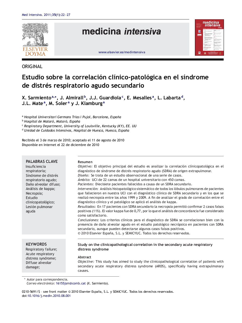 Estudio sobre la correlación clÃ­nico-patológica en el sÃ­ndrome de distrés respiratorio agudo secundario