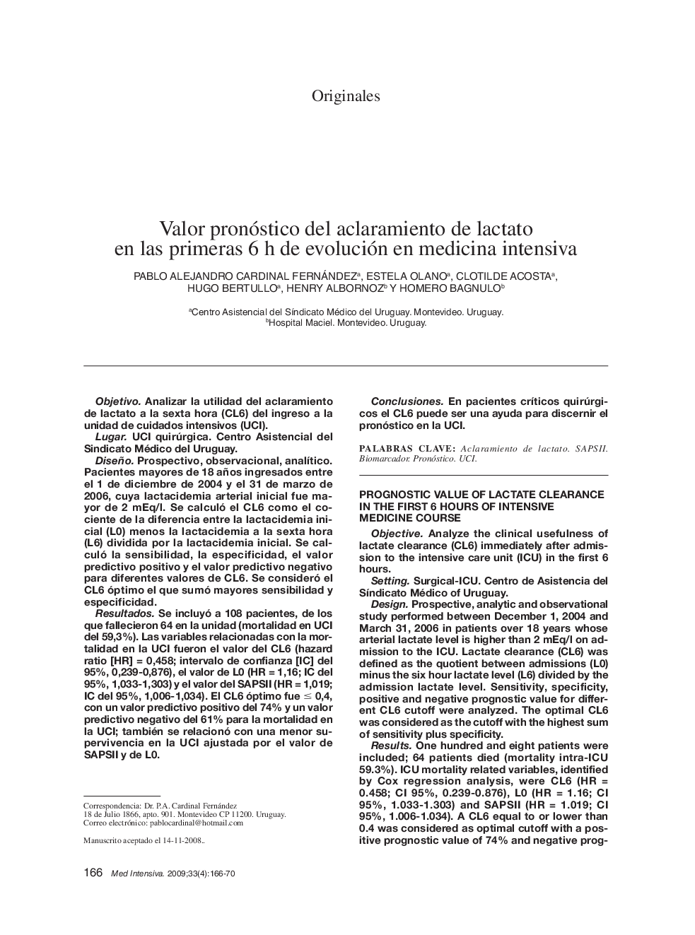 Valor pronóstico del aclaramiento de lactato en las primeras 6 h de evolución en medicina intensiva