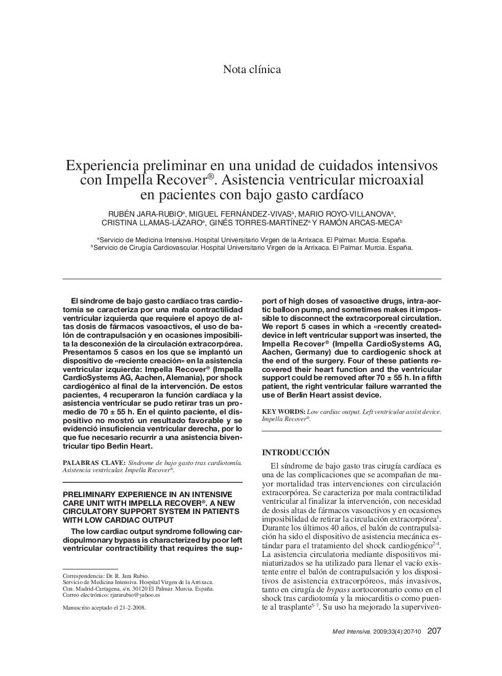 Experiencia preliminar en una unidad de cuidados intensivos con Impella Recover®. Asistencia ventricular microaxial en pacientes con bajo gasto cardíaco