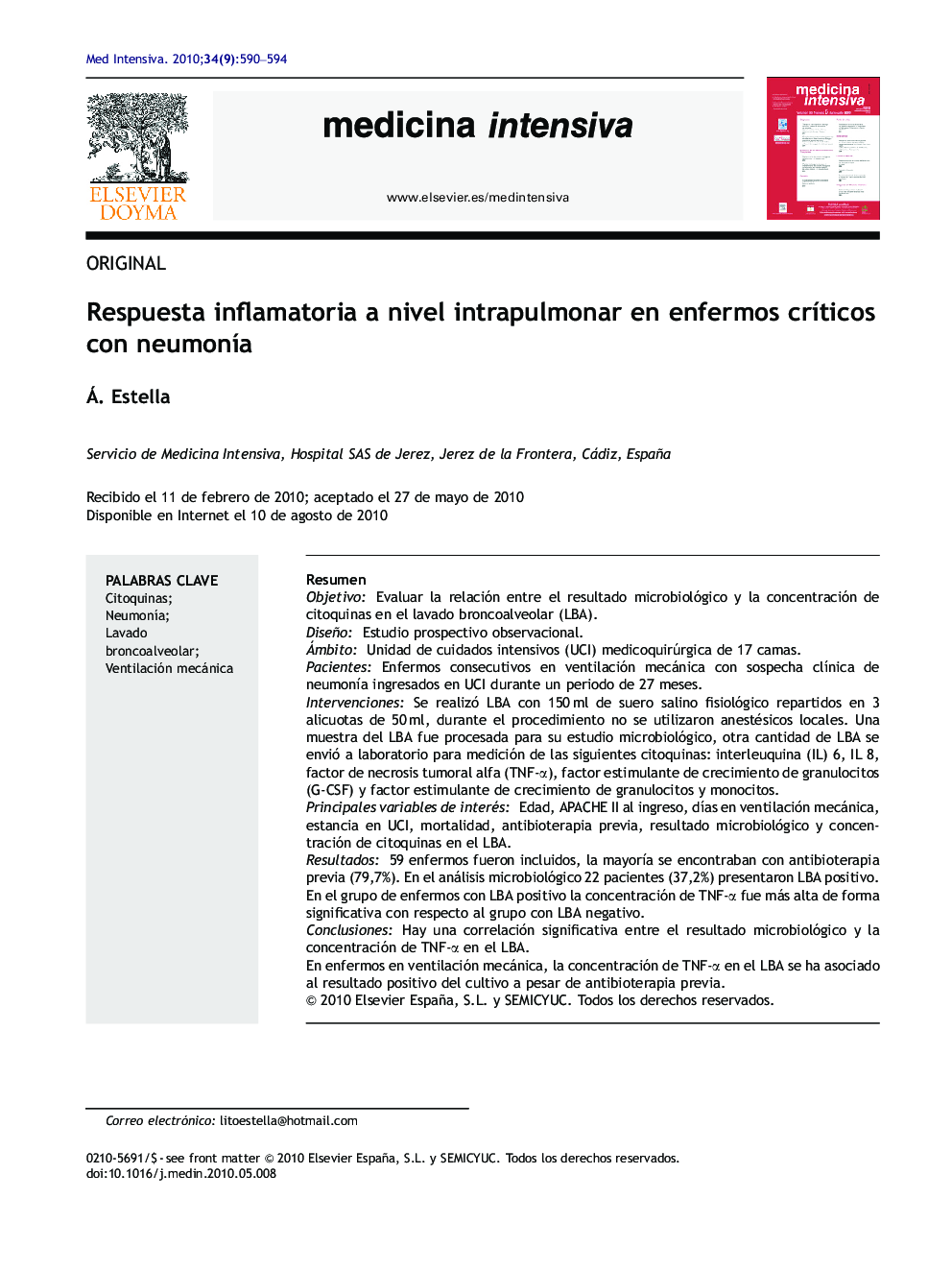 Respuesta inflamatoria a nivel intrapulmonar en enfermos crÃ­ticos con neumonÃ­a