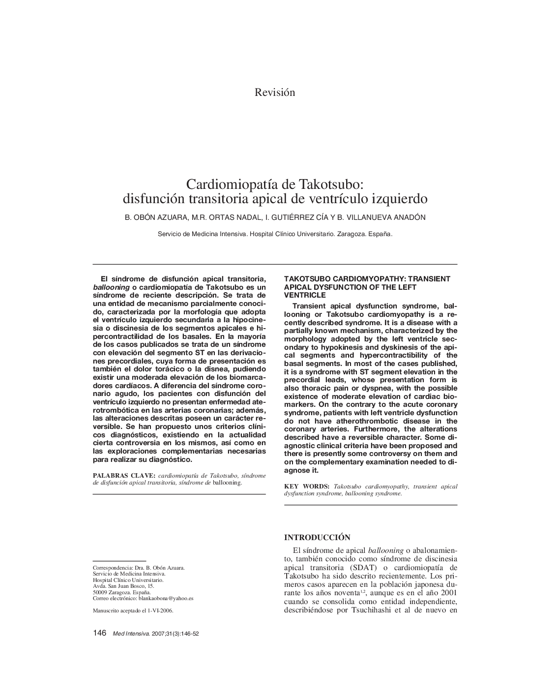 CardiomiopatÃ­a de Takotsubo: disfunción transitoria apical de ventrÃ­culo izquierdo