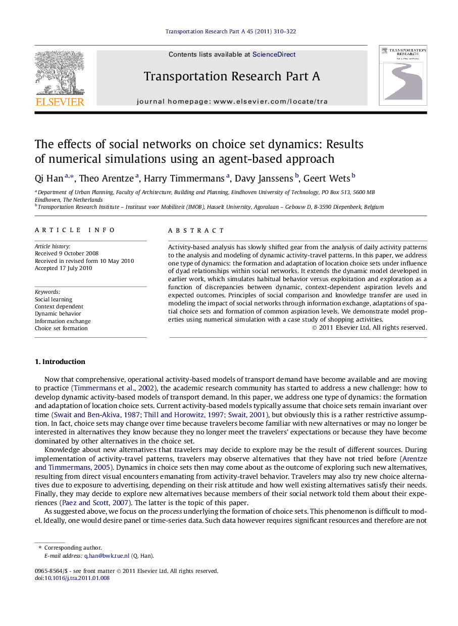 The effects of social networks on choice set dynamics: Results of numerical simulations using an agent-based approach