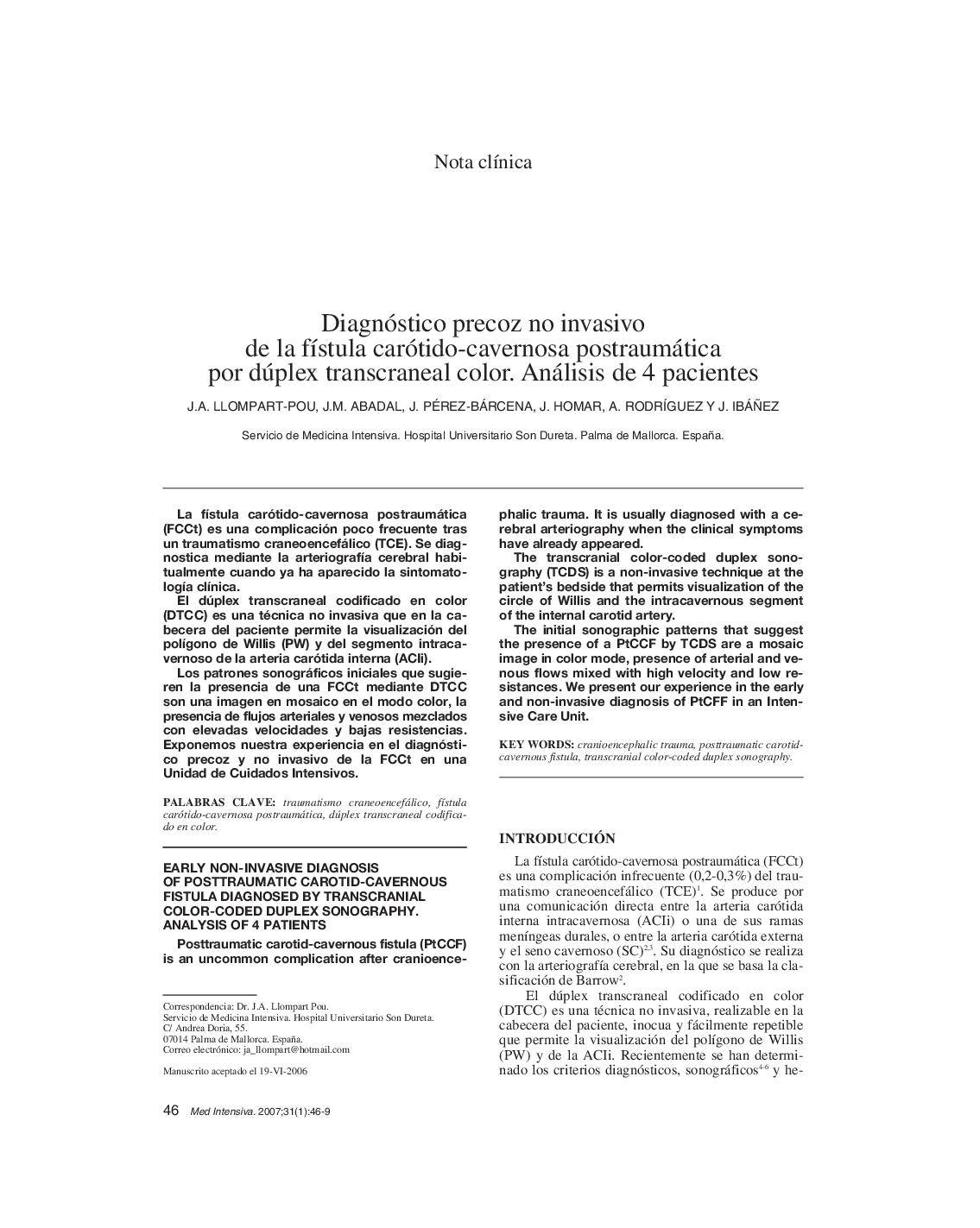 Diagnóstico precoz no invasivo de la fístula carótido-cavernosa postraumática por dúplex transcraneal color. Análisis de 4 pacientes