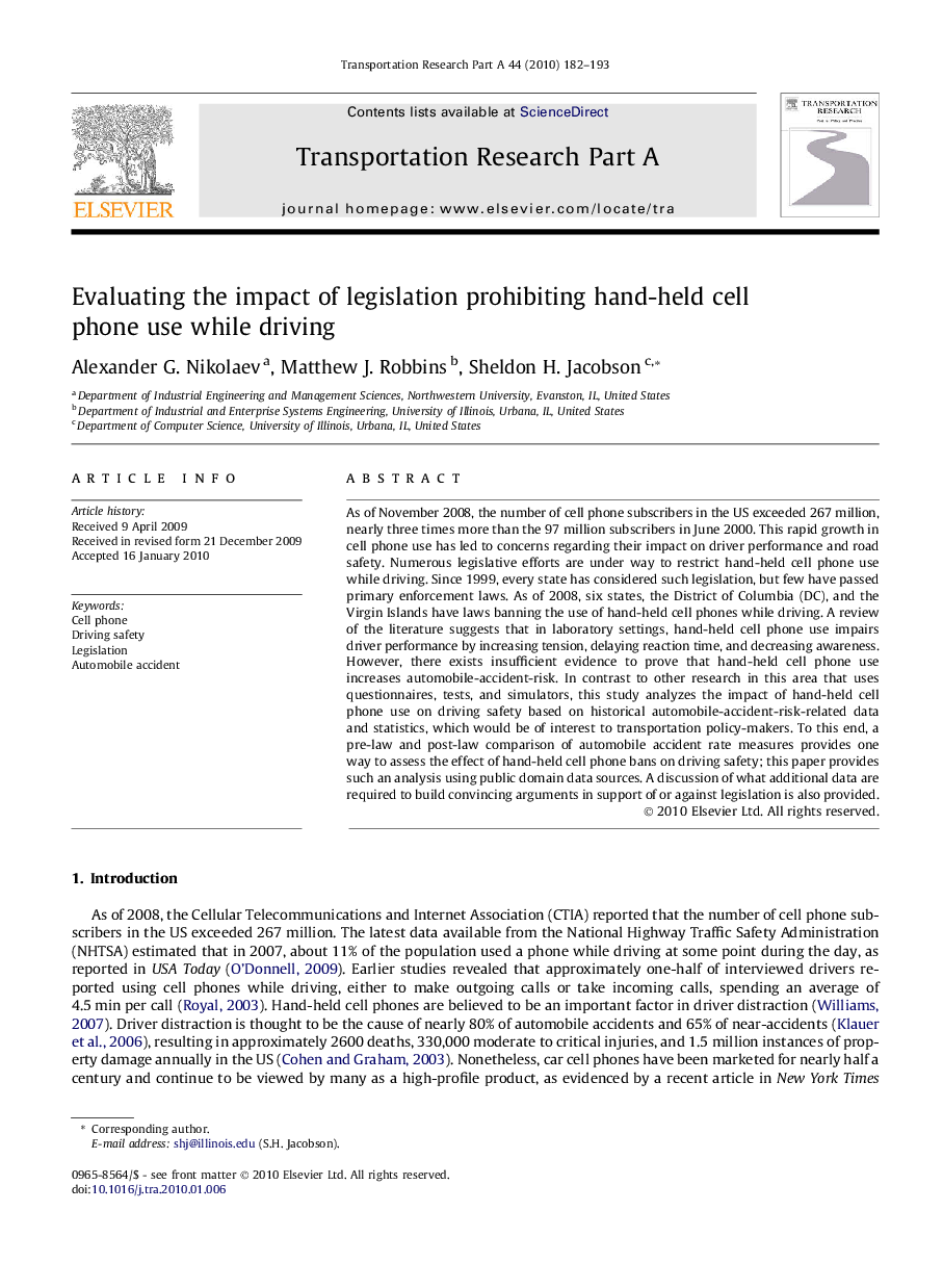 Evaluating the impact of legislation prohibiting hand-held cell phone use while driving