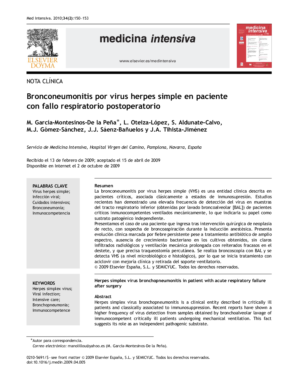 Bronconeumonitis por virus herpes simple en paciente con fallo respiratorio postoperatorio