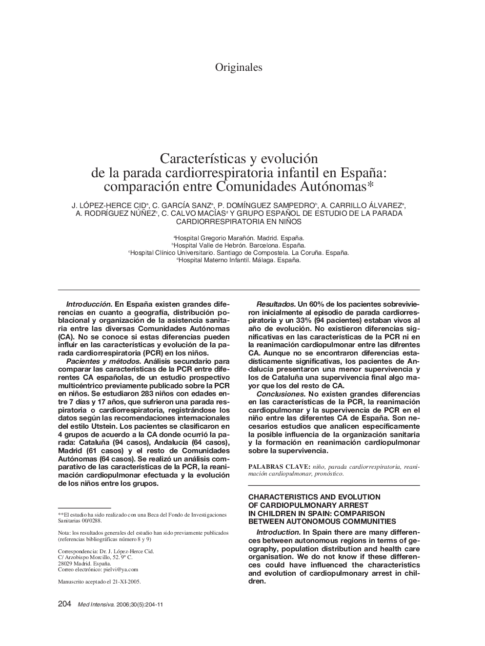 Características y evolución de la parada cardiorrespiratoria infantil en España: comparación entre Comunidades Autónomas 