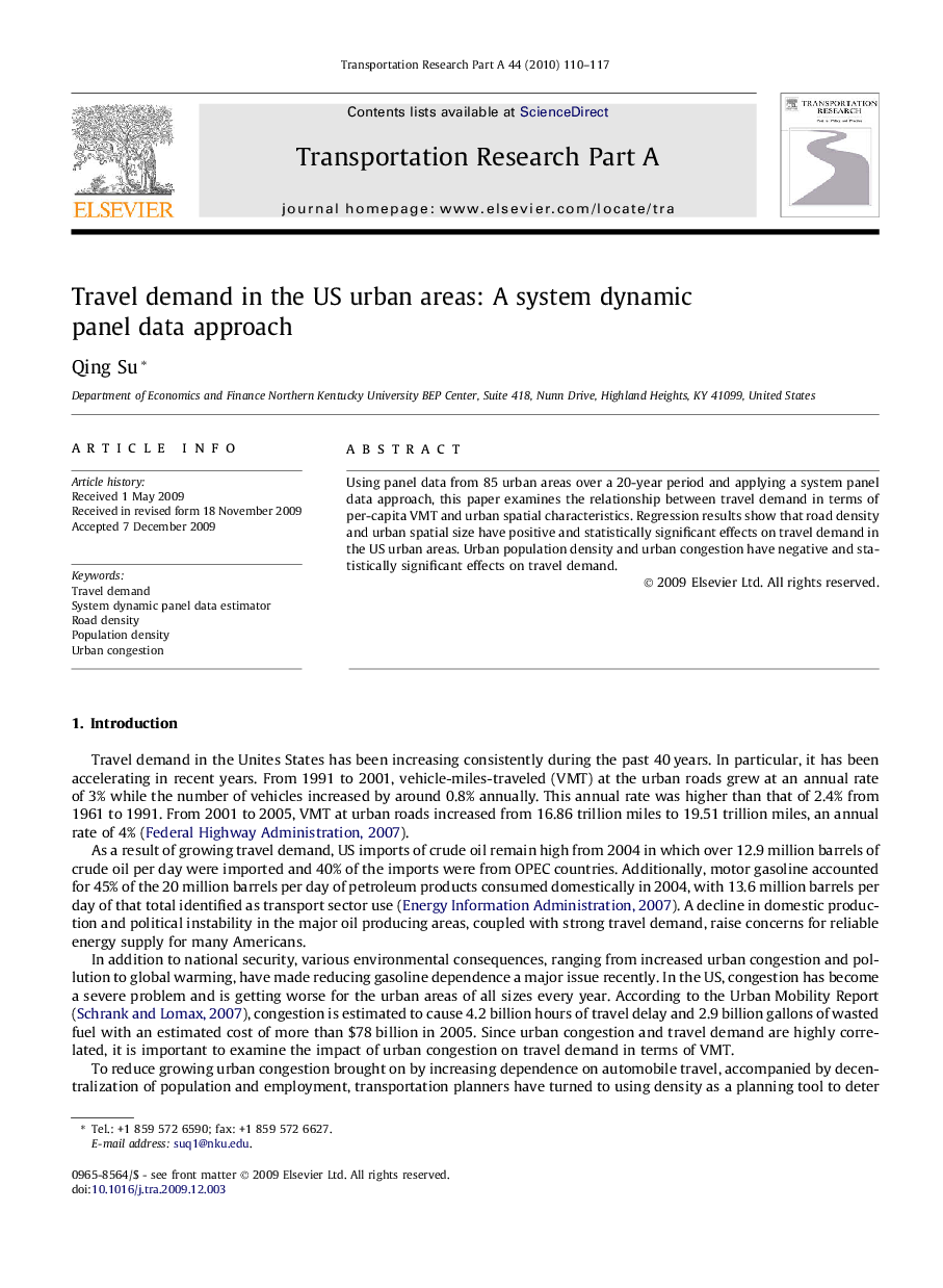 Travel demand in the US urban areas: A system dynamic panel data approach