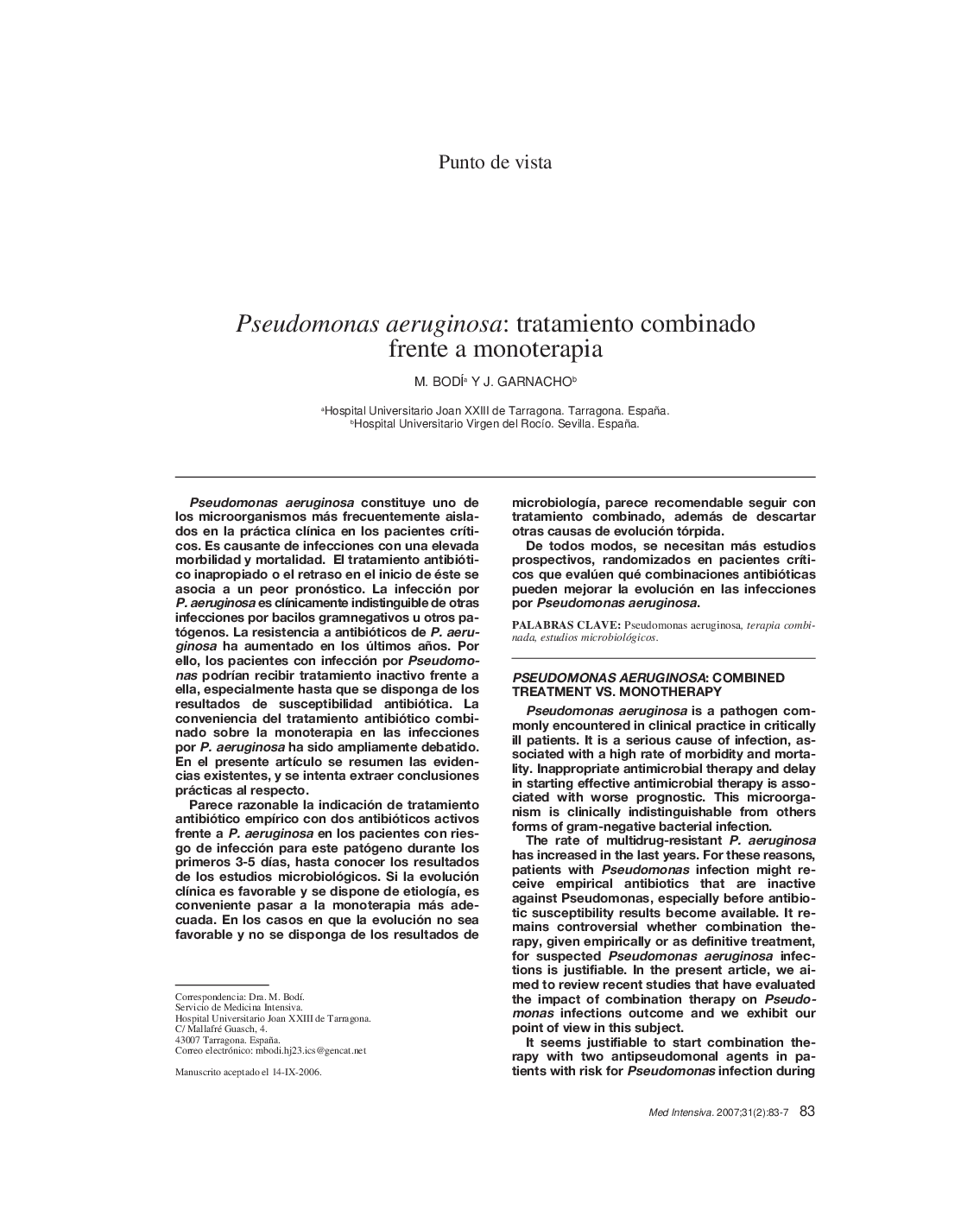 Pseudomonas aeruginosa: tratamiento combinado frente a monoterapia