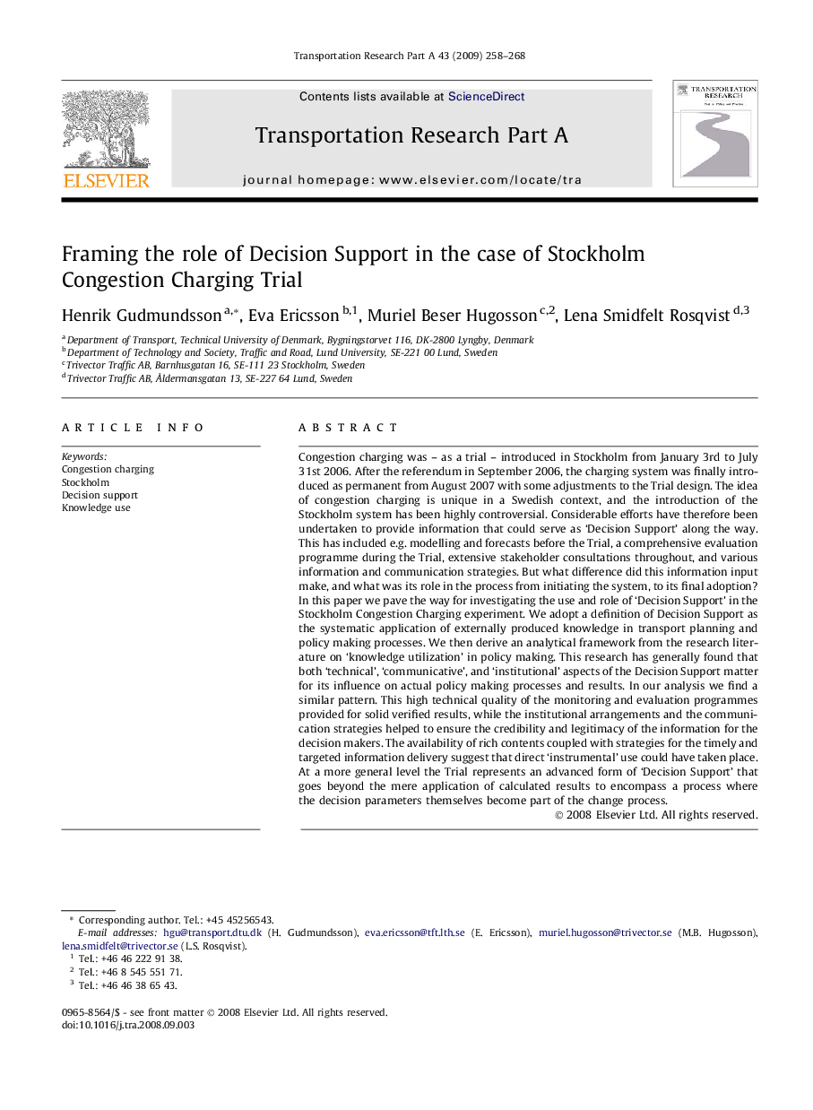 Framing the role of Decision Support in the case of Stockholm Congestion Charging Trial