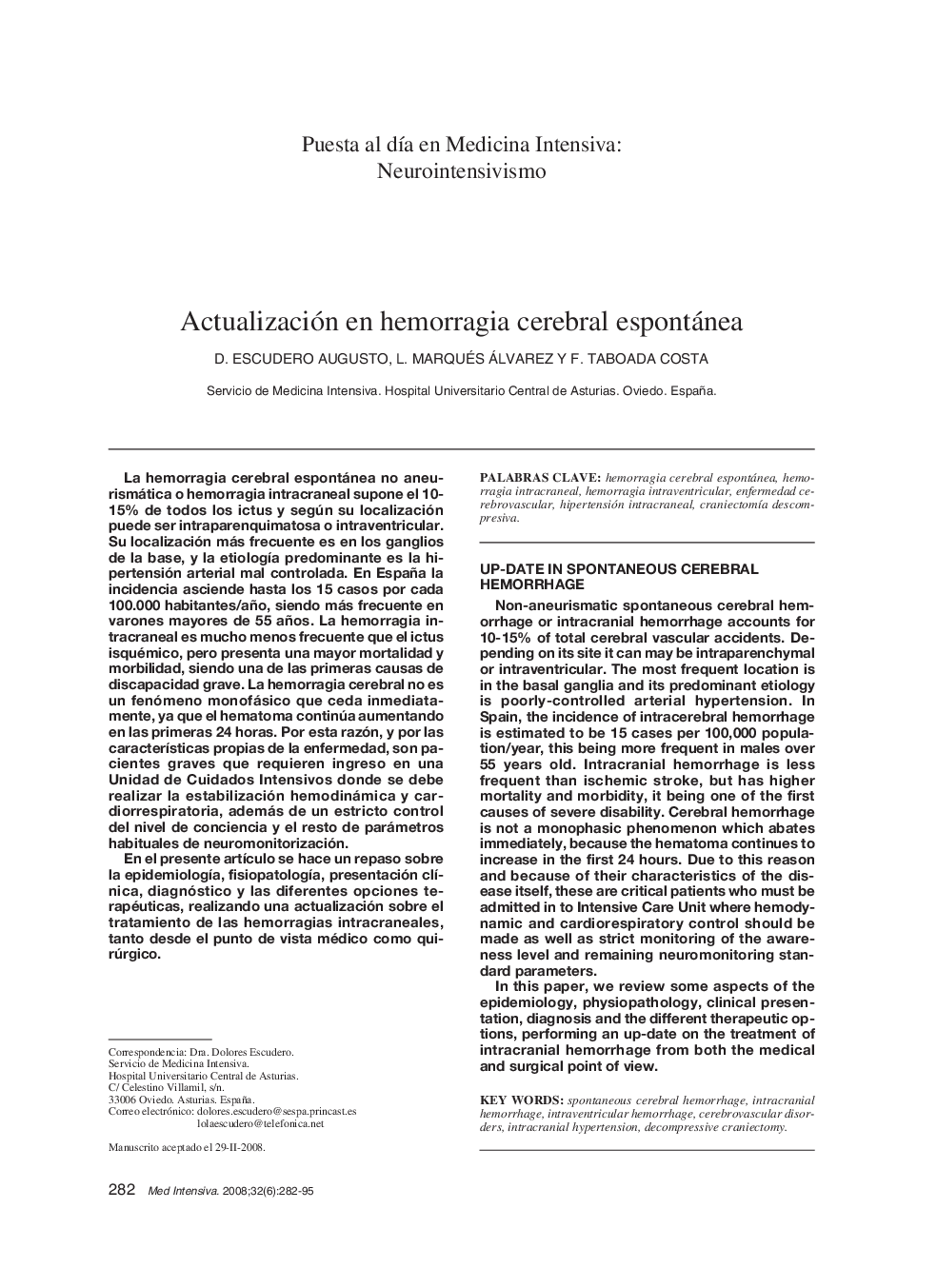 Actualización en hemorragia cerebral espontánea