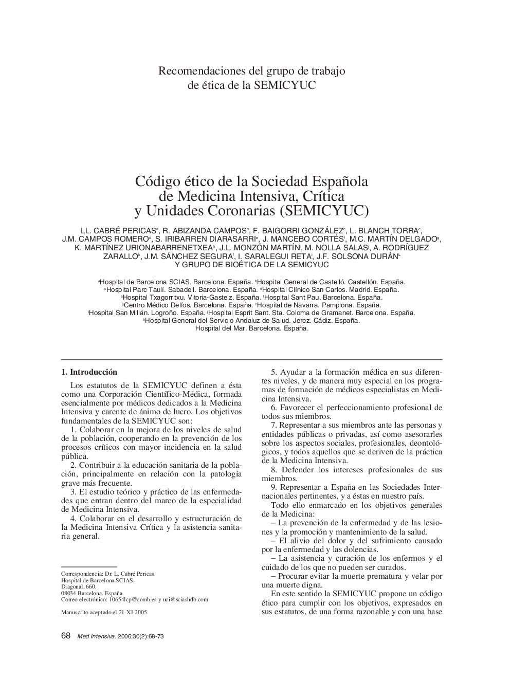 Código ético de la Sociedad Española de Medicina Intensiva, CrÃ­tica y Unidades Coronarias (SEMICYUC)