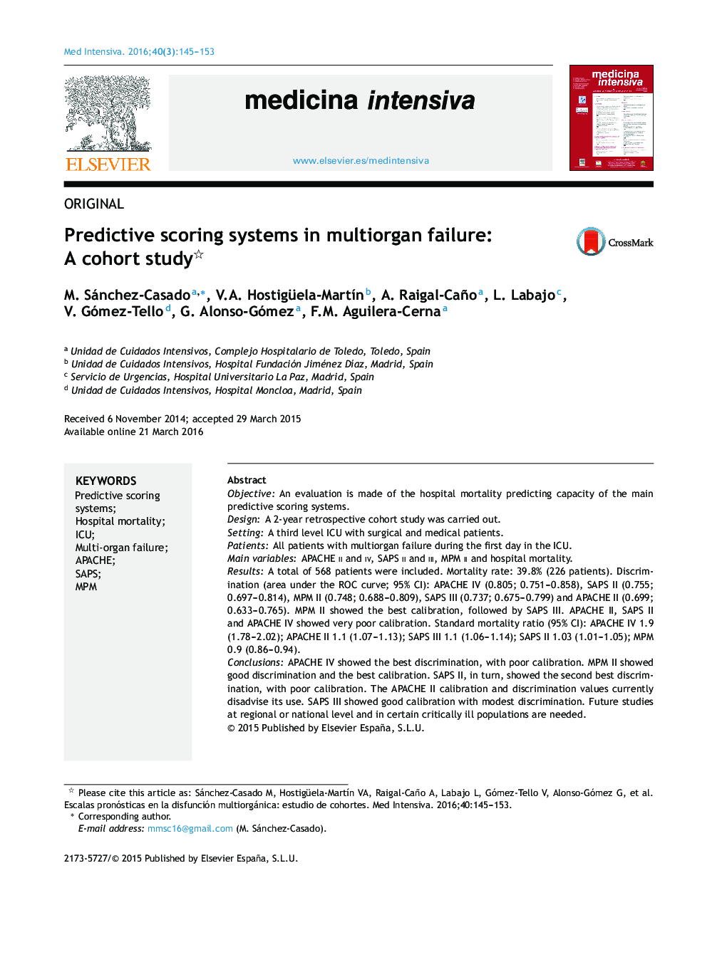 Predictive scoring systems in multiorgan failure: A cohort study 