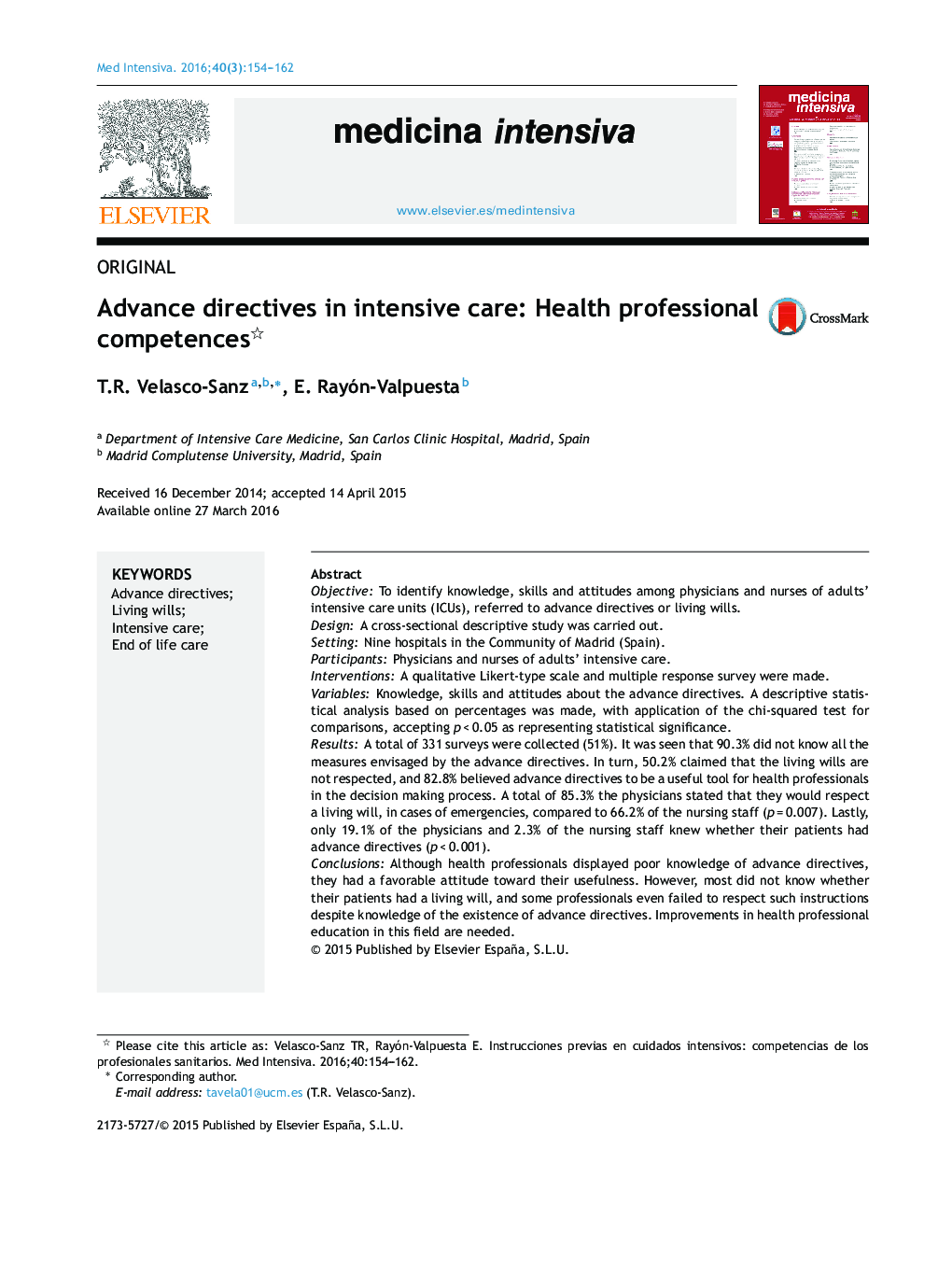 Advance directives in intensive care: Health professional competences 