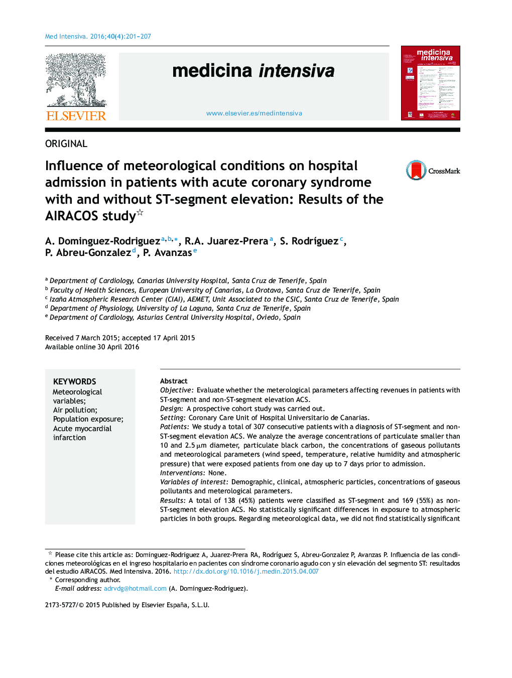 Influence of meteorological conditions on hospital admission in patients with acute coronary syndrome with and without ST-segment elevation: Results of the AIRACOS study 
