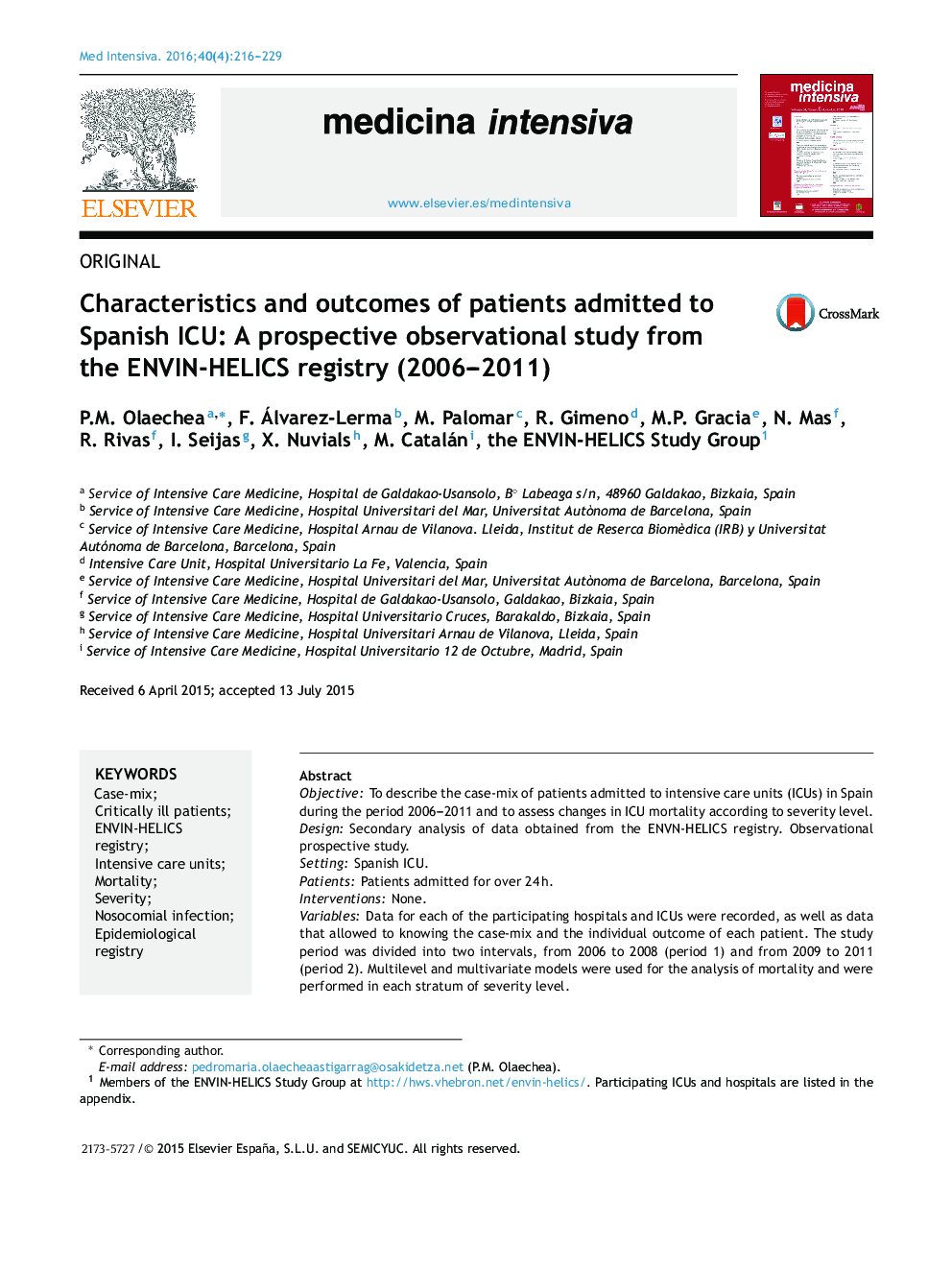Characteristics and outcomes of patients admitted to Spanish ICU: A prospective observational study from the ENVIN-HELICS registry (2006–2011)