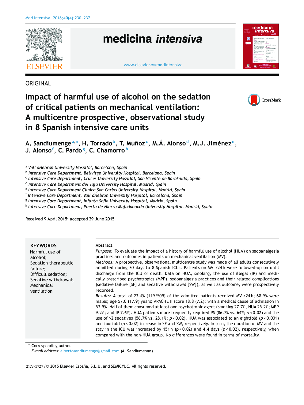 Impact of harmful use of alcohol on the sedation of critical patients on mechanical ventilation: A multicentre prospective, observational study in 8 Spanish intensive care units