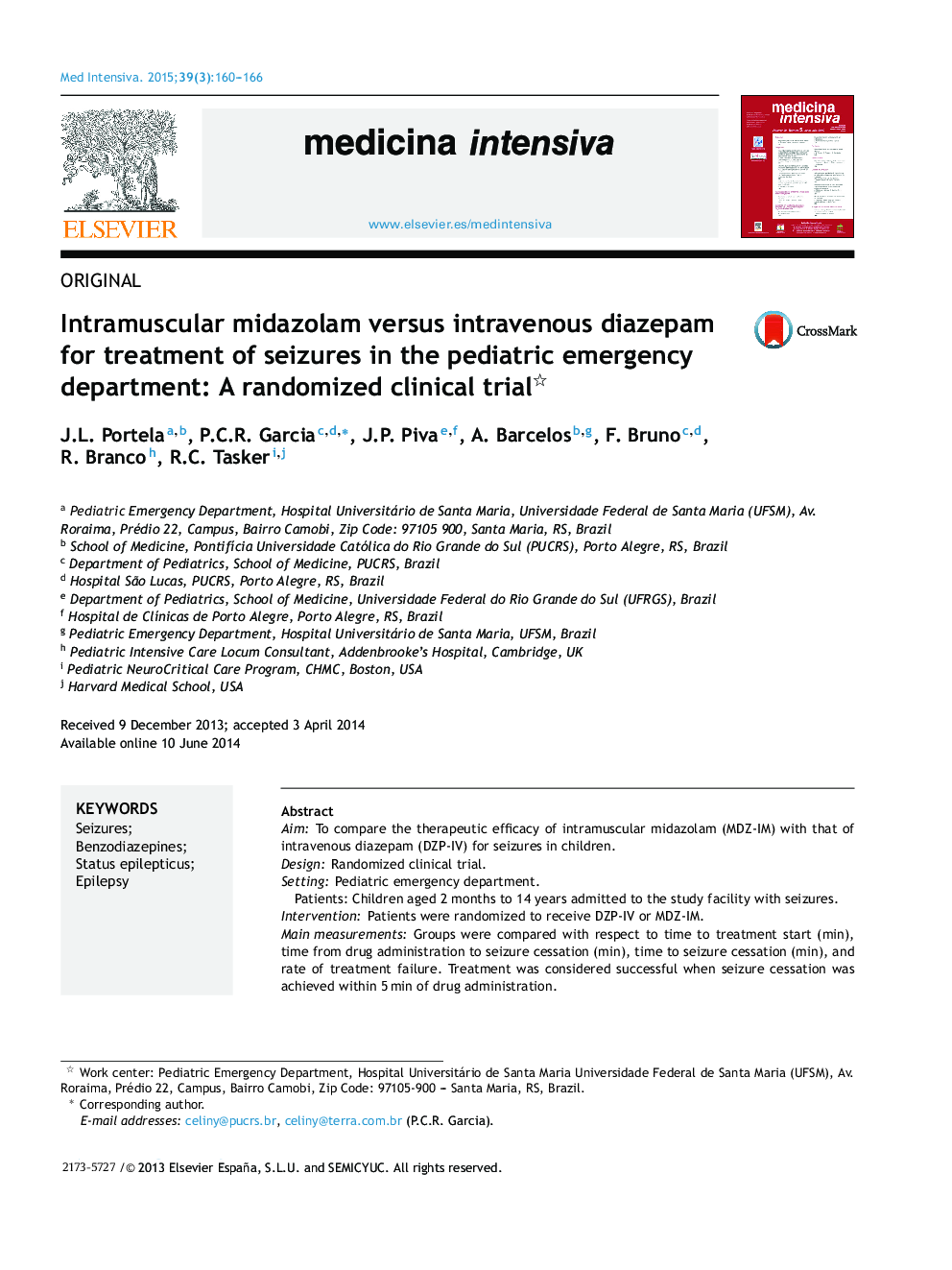 Intramuscular midazolam versus intravenous diazepam for treatment of seizures in the pediatric emergency department: A randomized clinical trial 