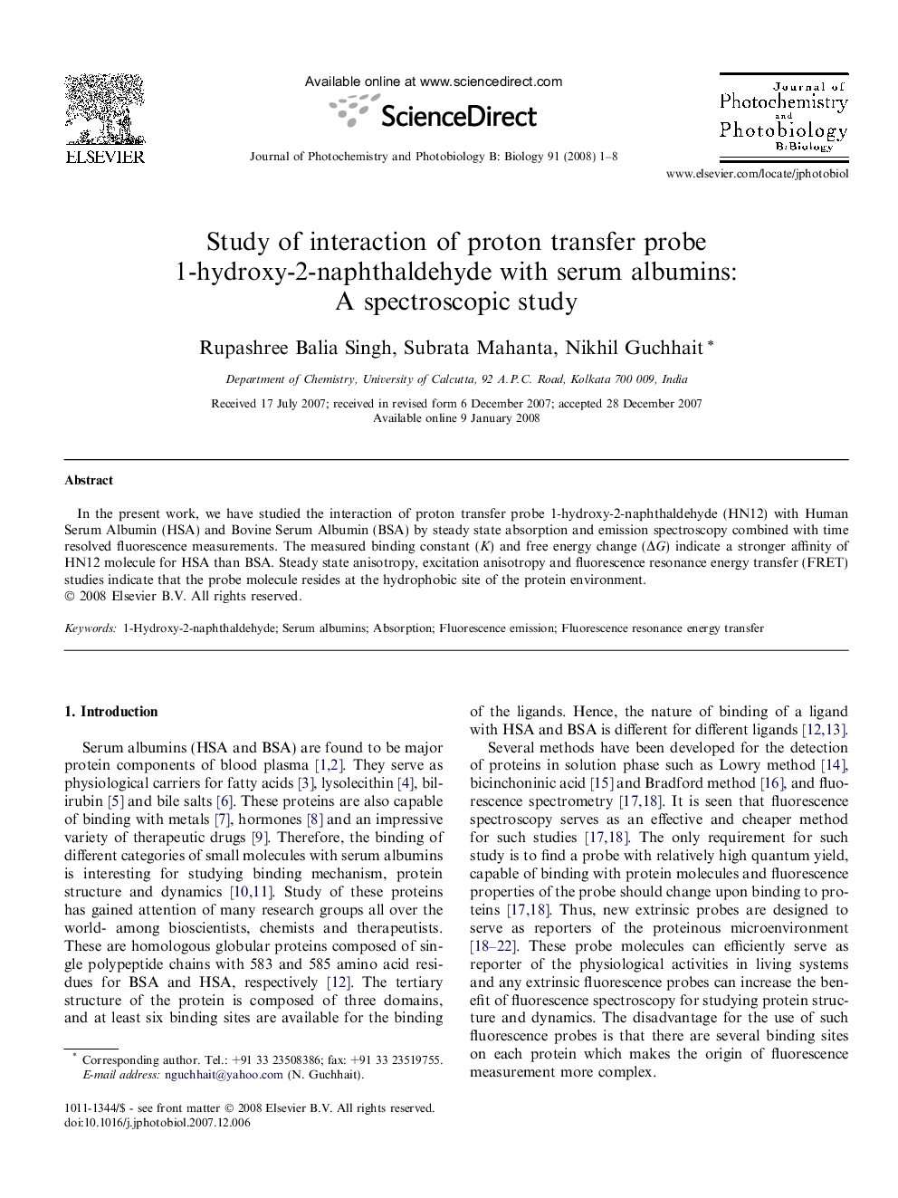 Study of interaction of proton transfer probe 1-hydroxy-2-naphthaldehyde with serum albumins: A spectroscopic study