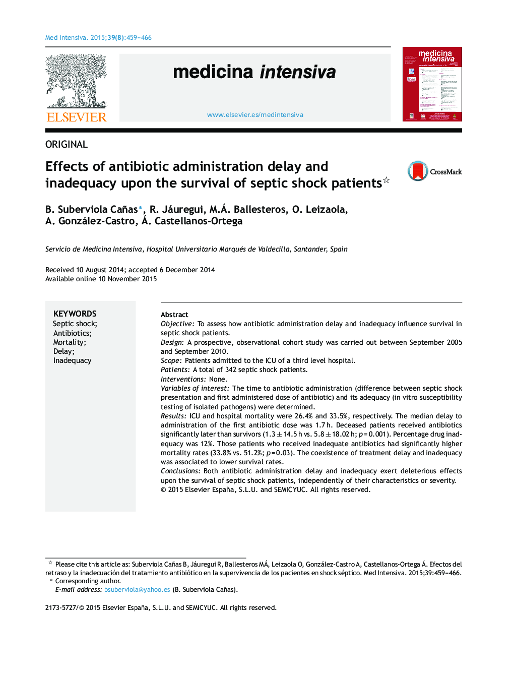 Effects of antibiotic administration delay and inadequacy upon the survival of septic shock patients 