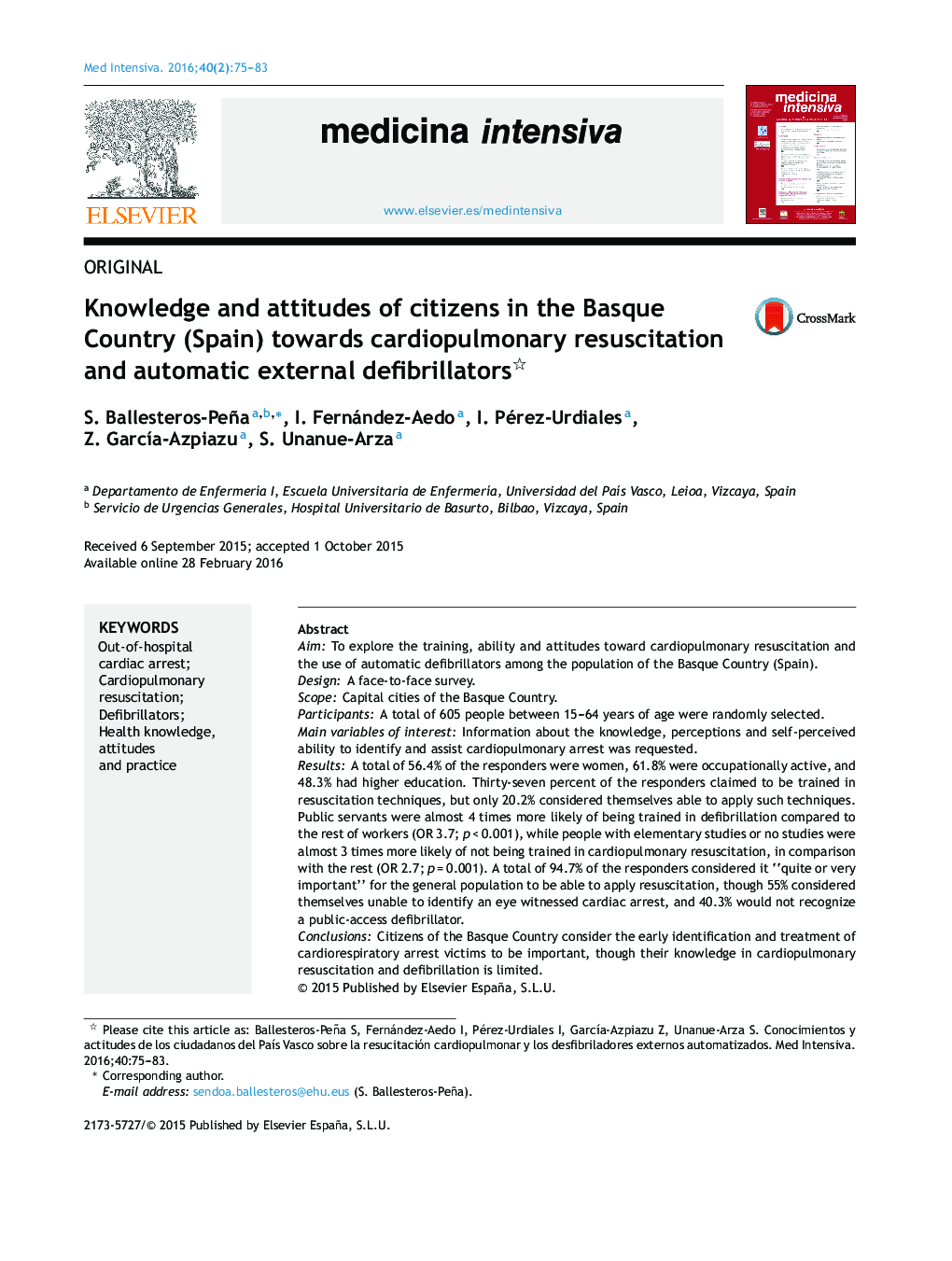 Knowledge and attitudes of citizens in the Basque Country (Spain) towards cardiopulmonary resuscitation and automatic external defibrillators 