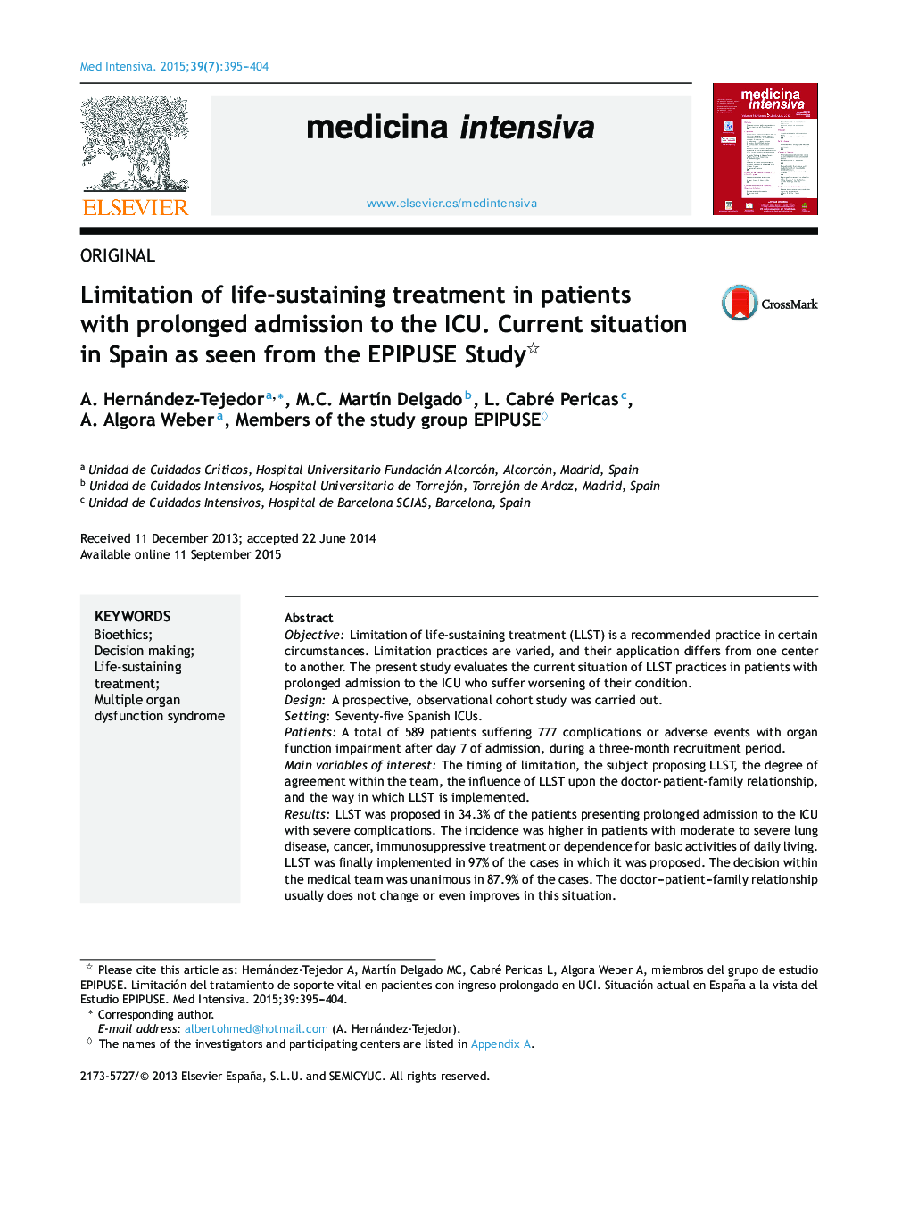 Limitation of life-sustaining treatment in patients with prolonged admission to the ICU. Current situation in Spain as seen from the EPIPUSE Study