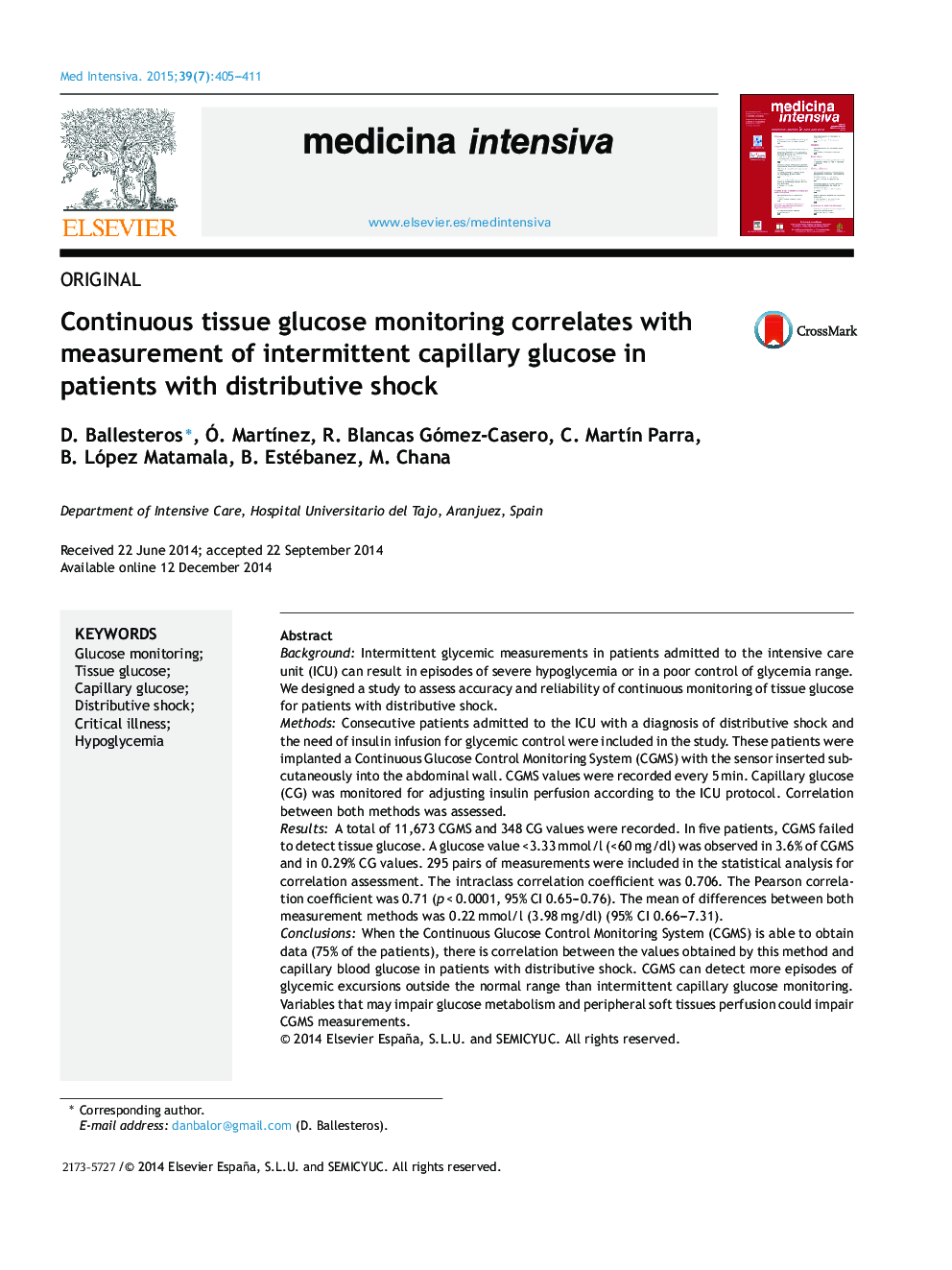 Continuous tissue glucose monitoring correlates with measurement of intermittent capillary glucose in patients with distributive shock